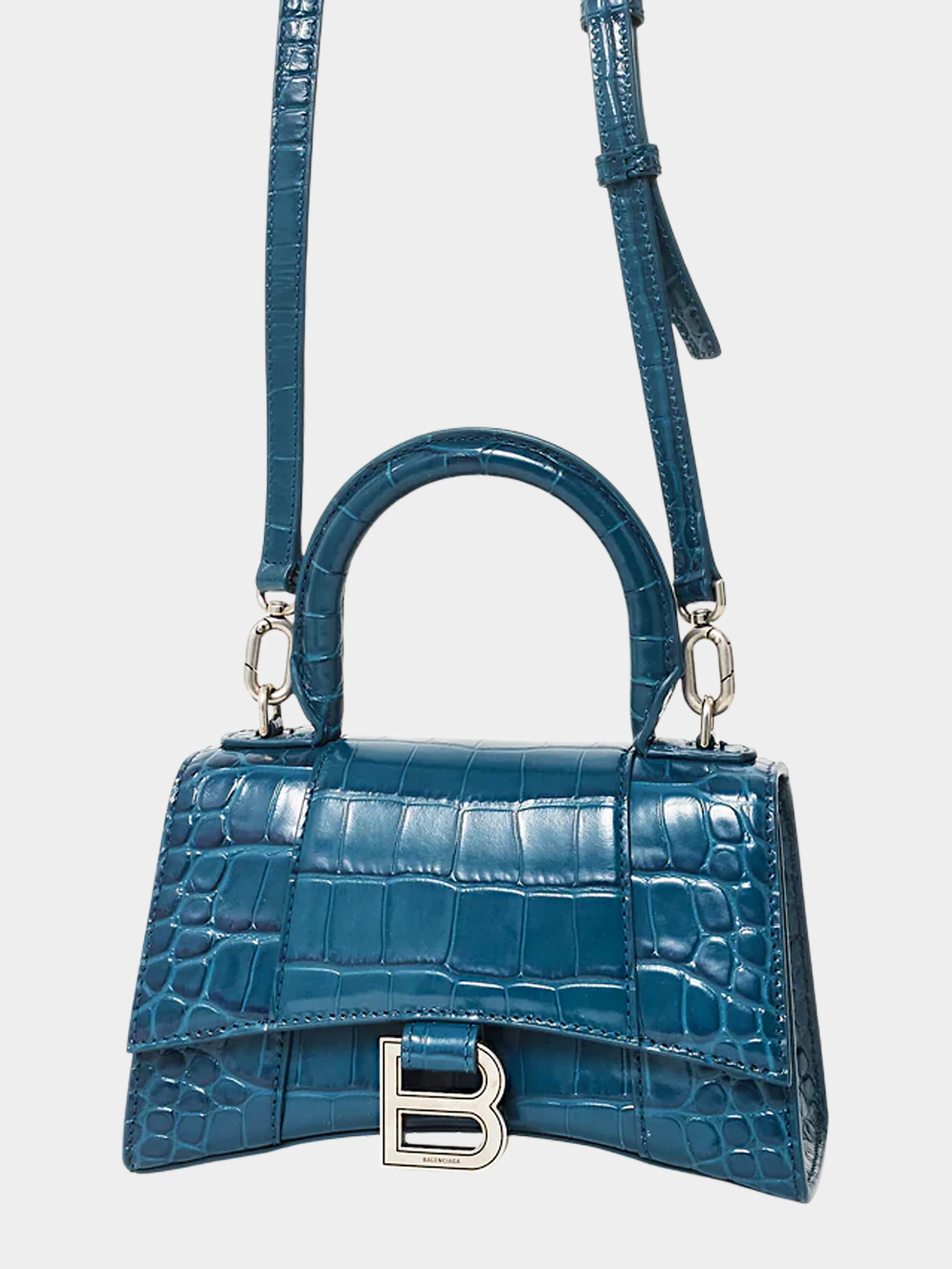 Balenciaga 2022 Deep Teal Croc-embossed Leather XS Hourglass Bag - Image 4