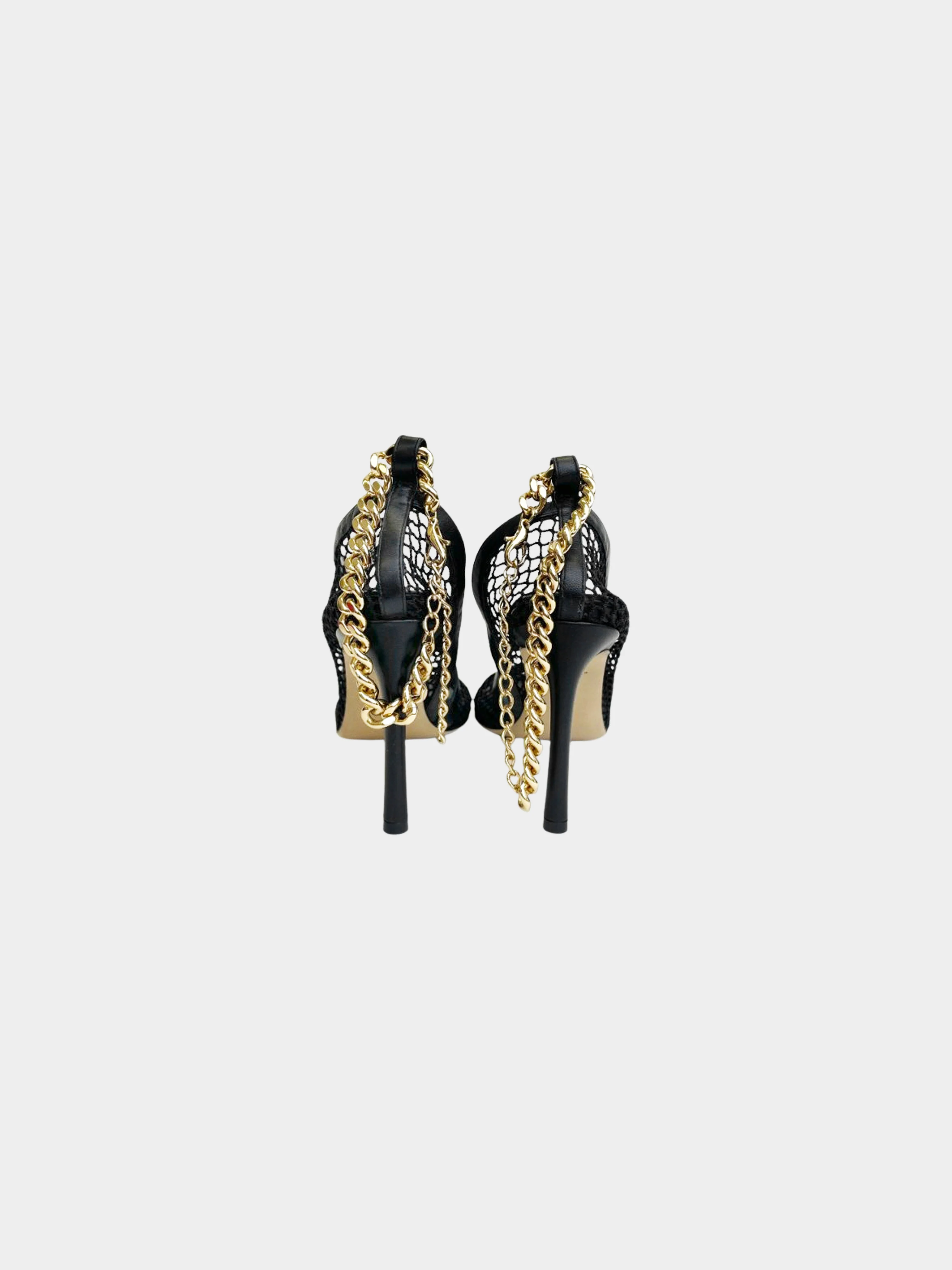 Bottega Veneta Late 2010s Black Mesh Pumps with Gold Chain - Image 3