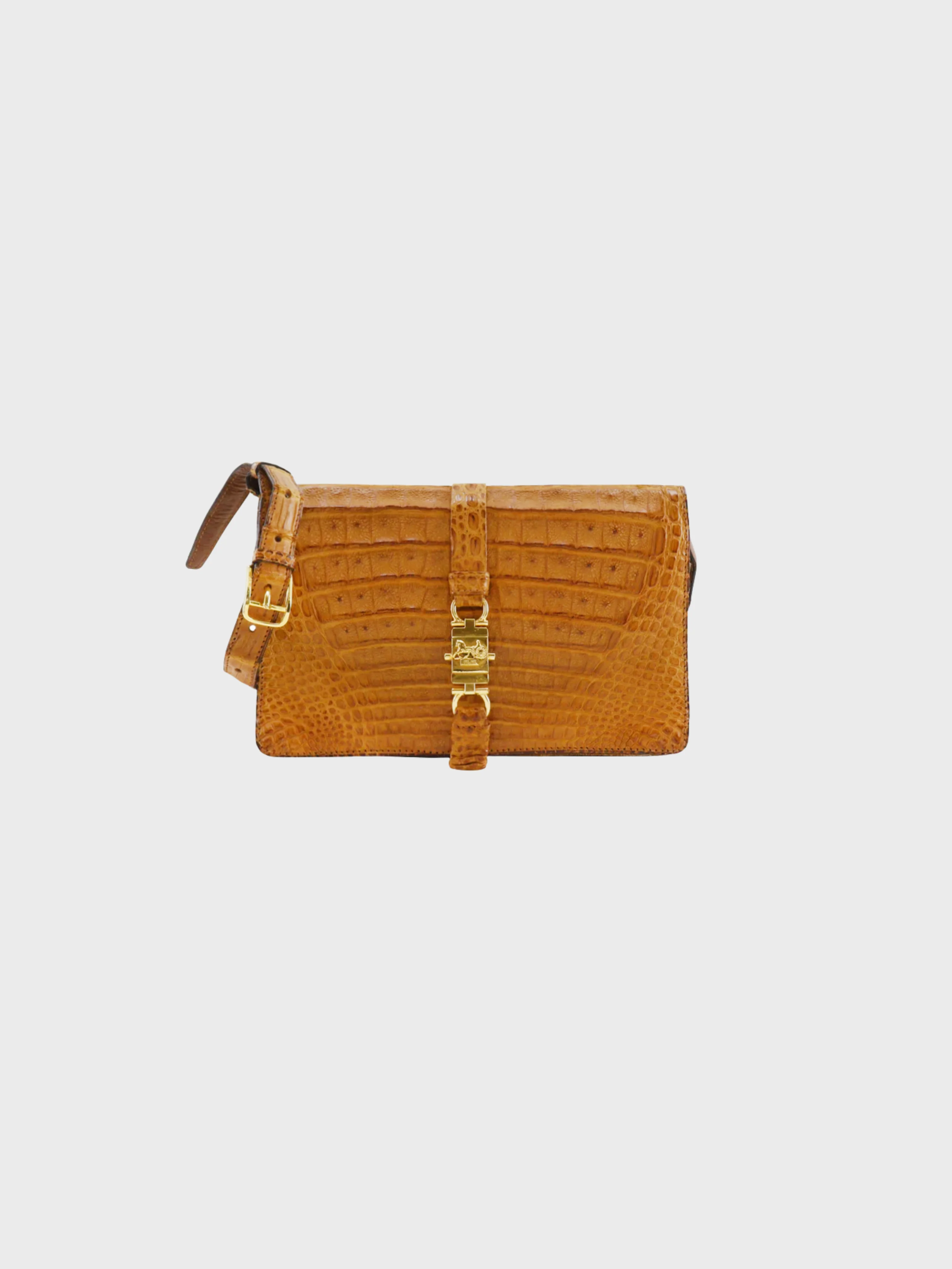 Celine 1990s Brown Crocodile Embossed Leather Horse Bag 2-Way Shoulder Bag