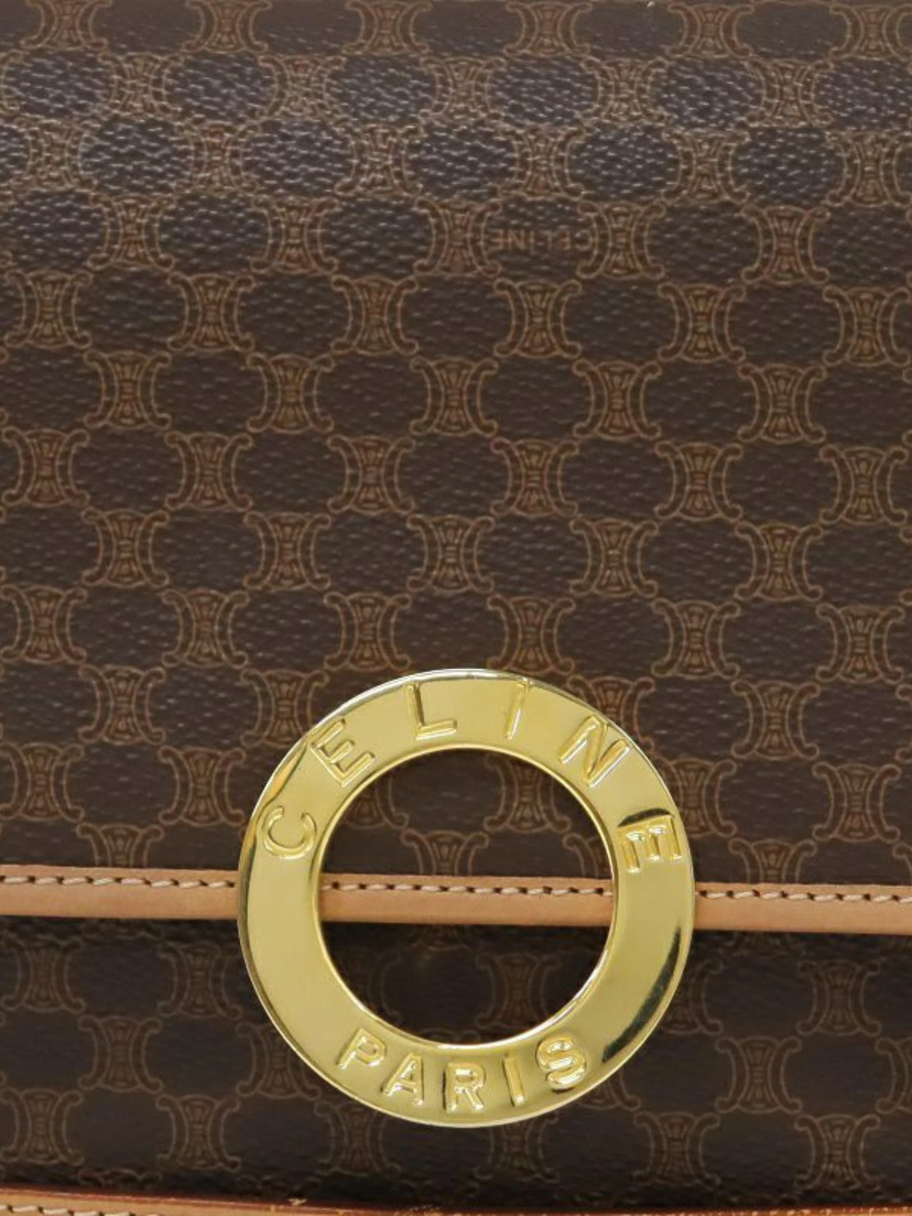 Celine 1990s Brown Macadam Circle Logo Hardware Shoulder Bag - Image 7