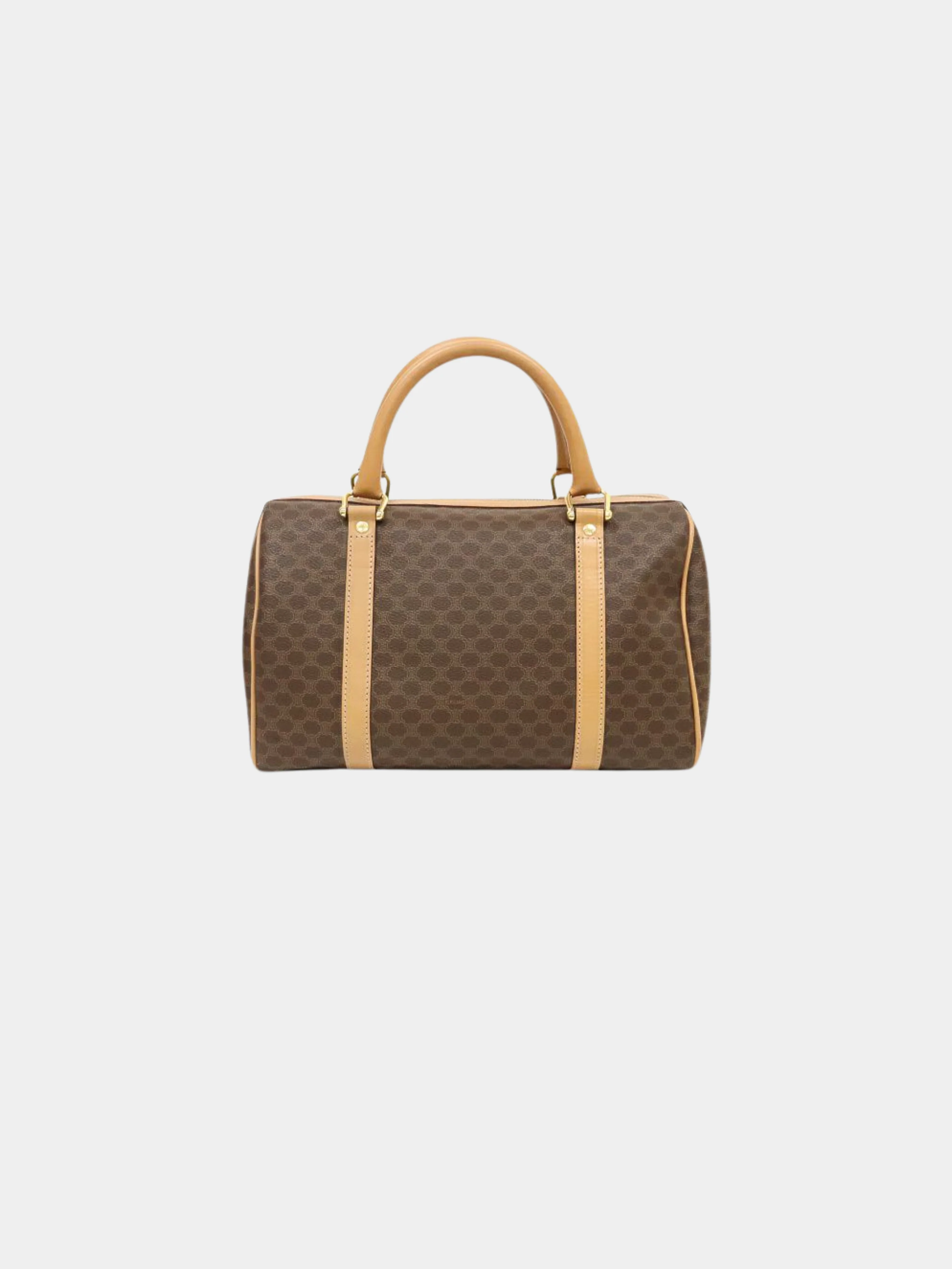 Celine 1990s Brown PVC and Leather Macadam Blazon Embossed Boston Bag - Image 2