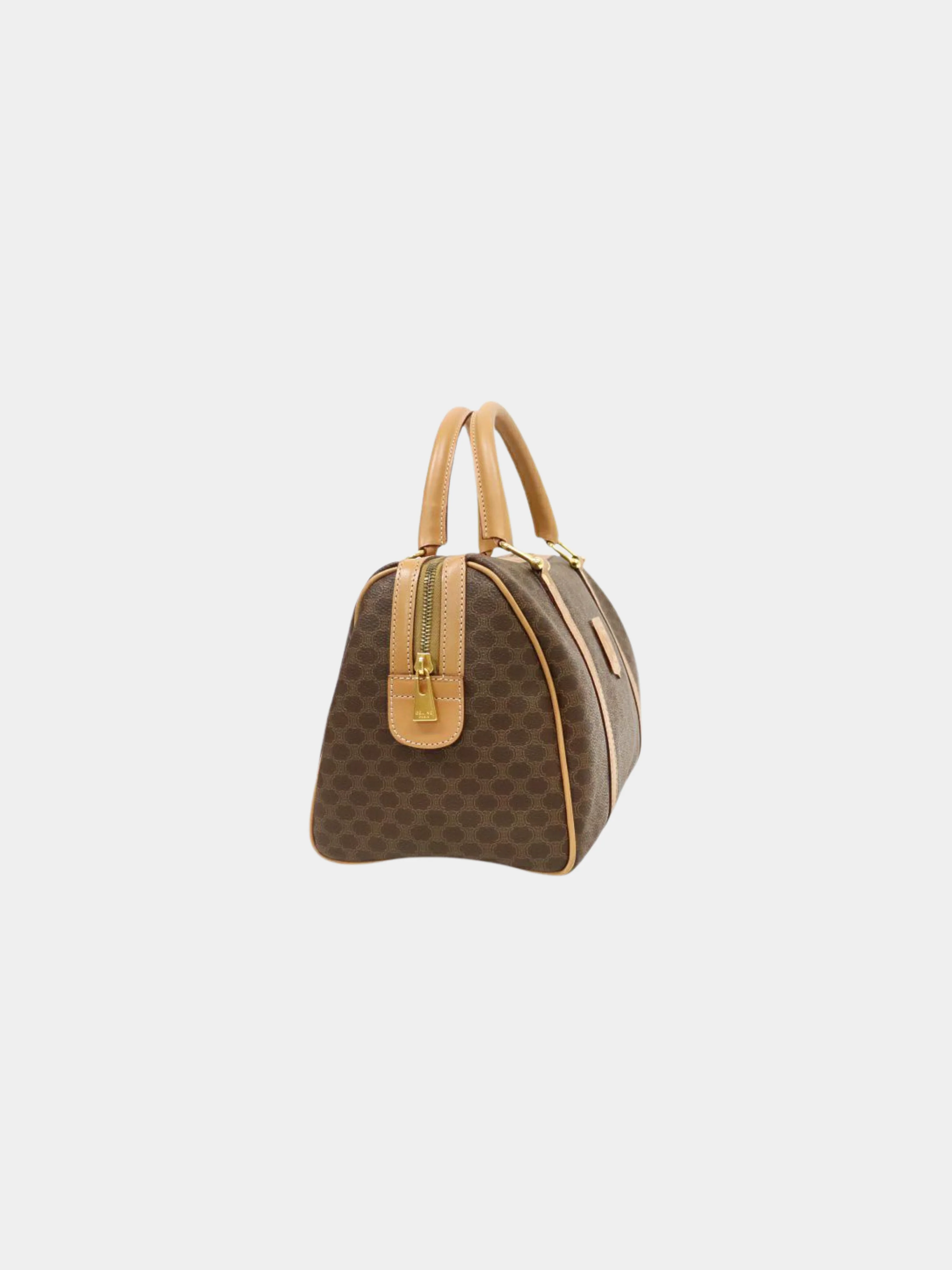 Celine 1990s Brown PVC and Leather Macadam Blazon Embossed Boston Bag - Image 3