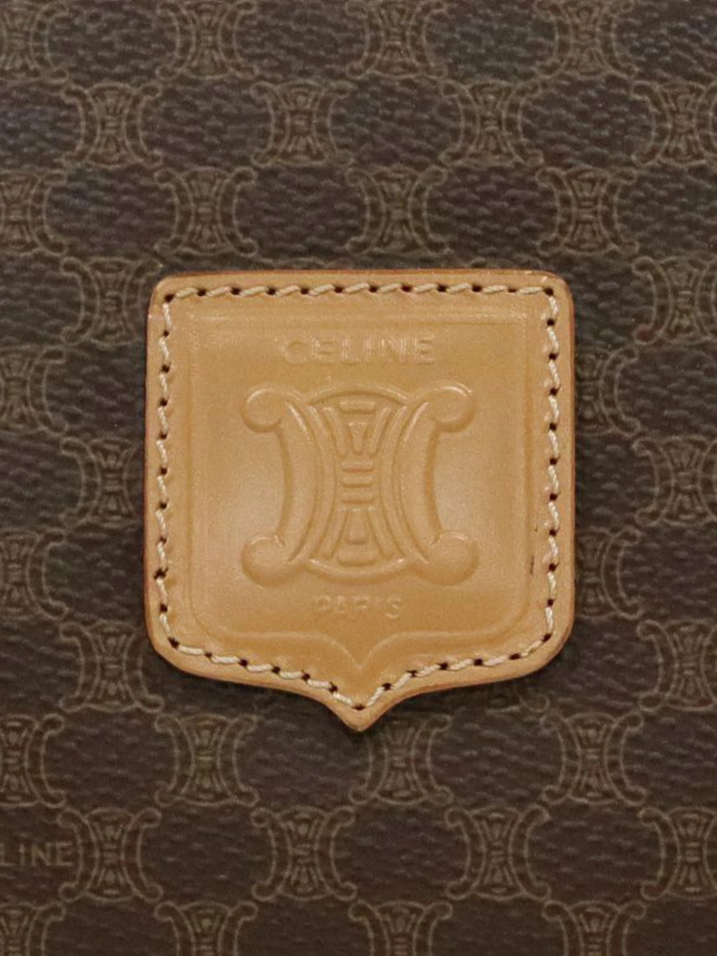 Celine 1990s Brown PVC and Leather Macadam Blazon Embossed Boston Bag - Image 7