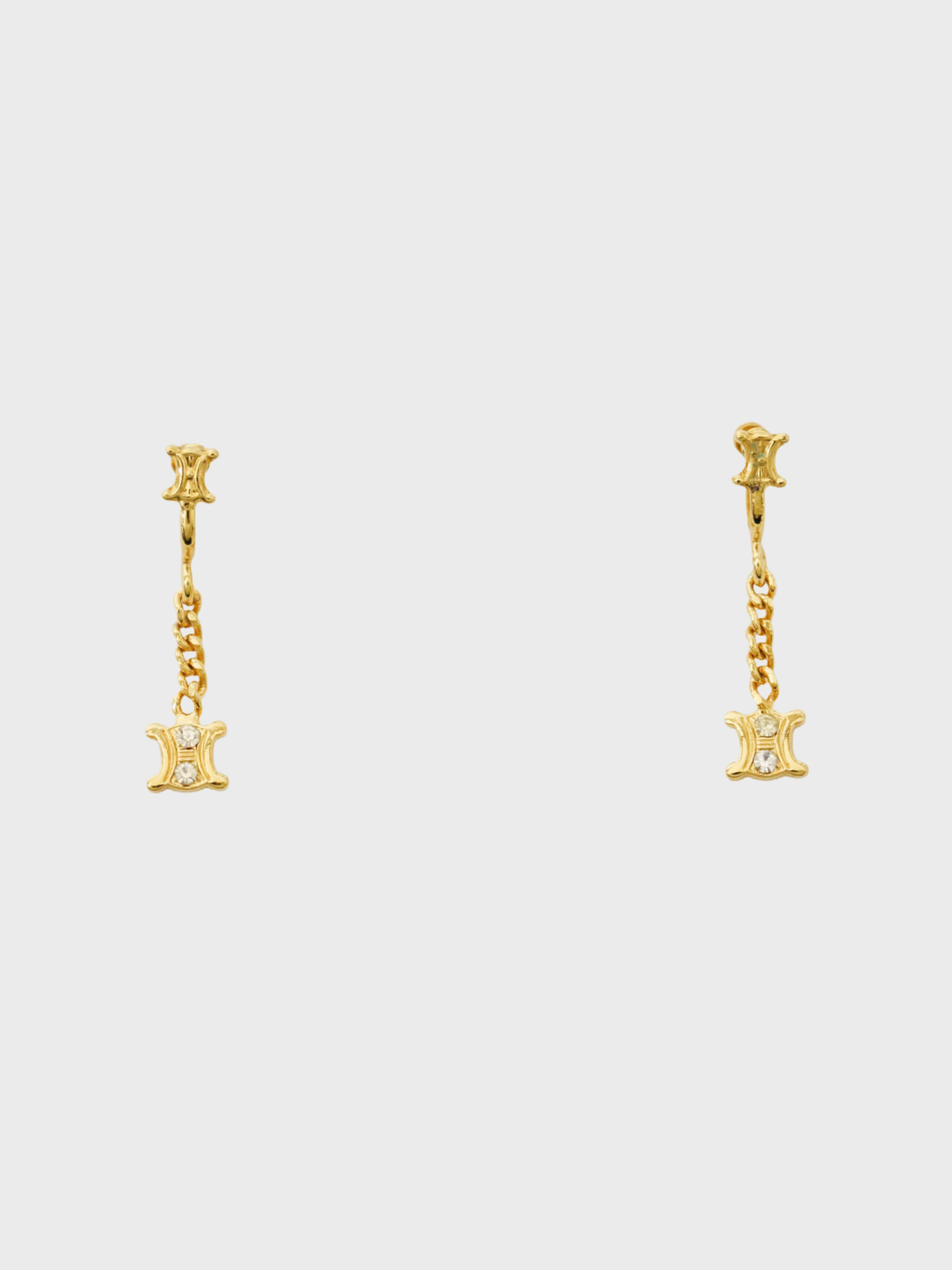 Celine 2000s Gold Plated Metal Rhinestone Triomphe Drop Earrings