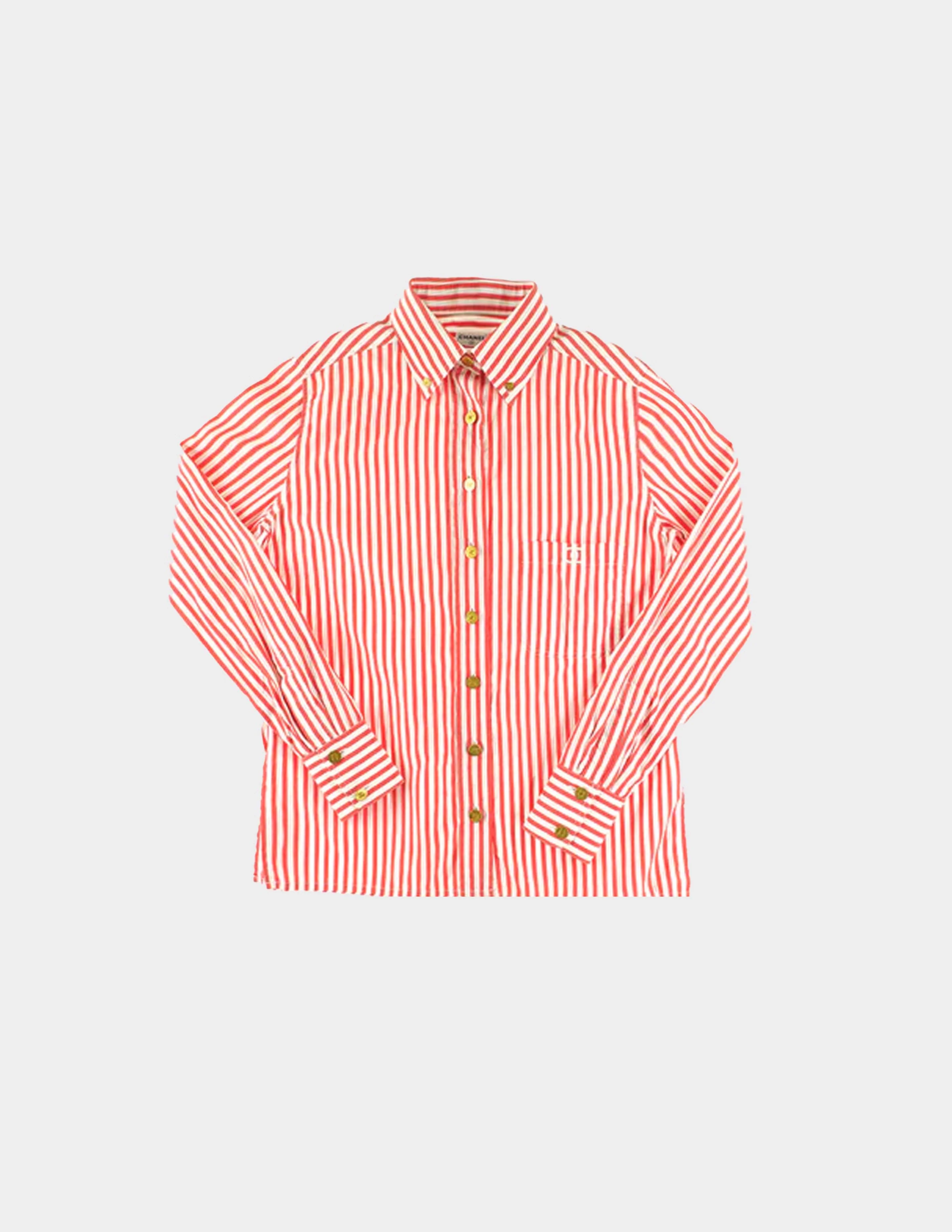 Chanel 1990 Red Candy Stripe Cotton Dress Shirt