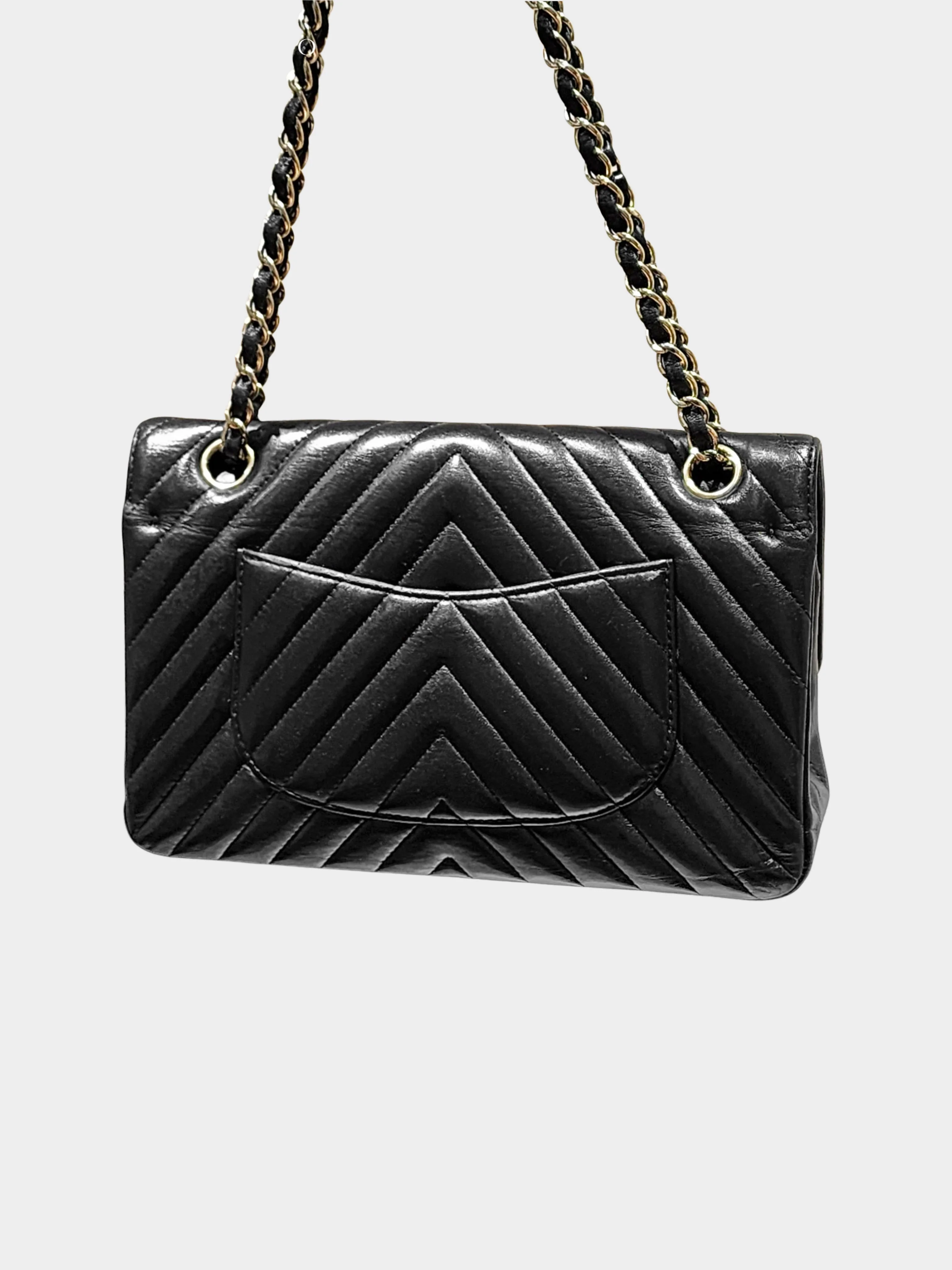 Chanel Late 2010s Black Lambskin Leather Chevron Stitch Medium Classic Flap Bag - Image 3