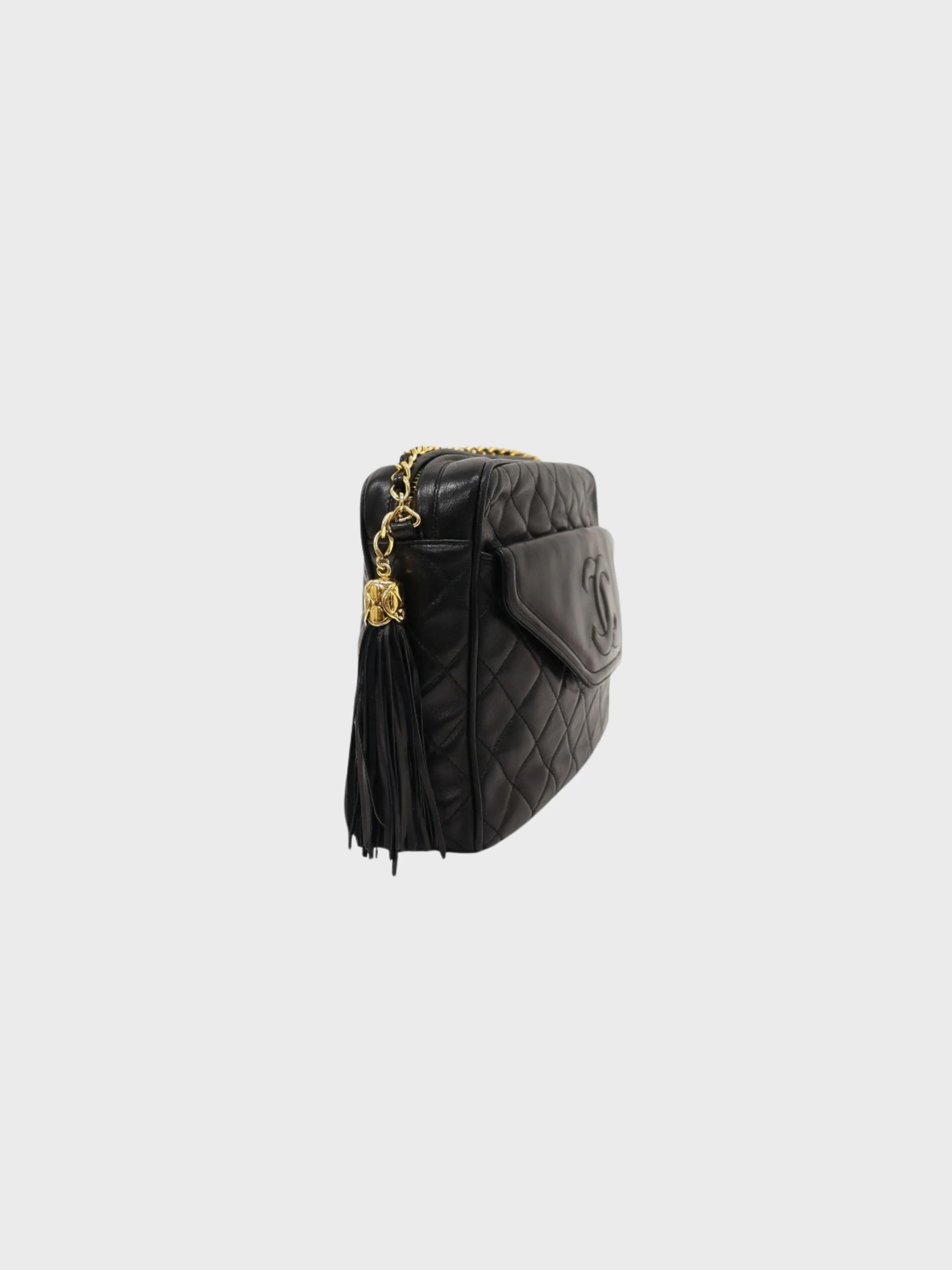 Chanel 19900-1991 Black Lambskin Matelassé Tassel Chain Shoulder Bag - Image 3