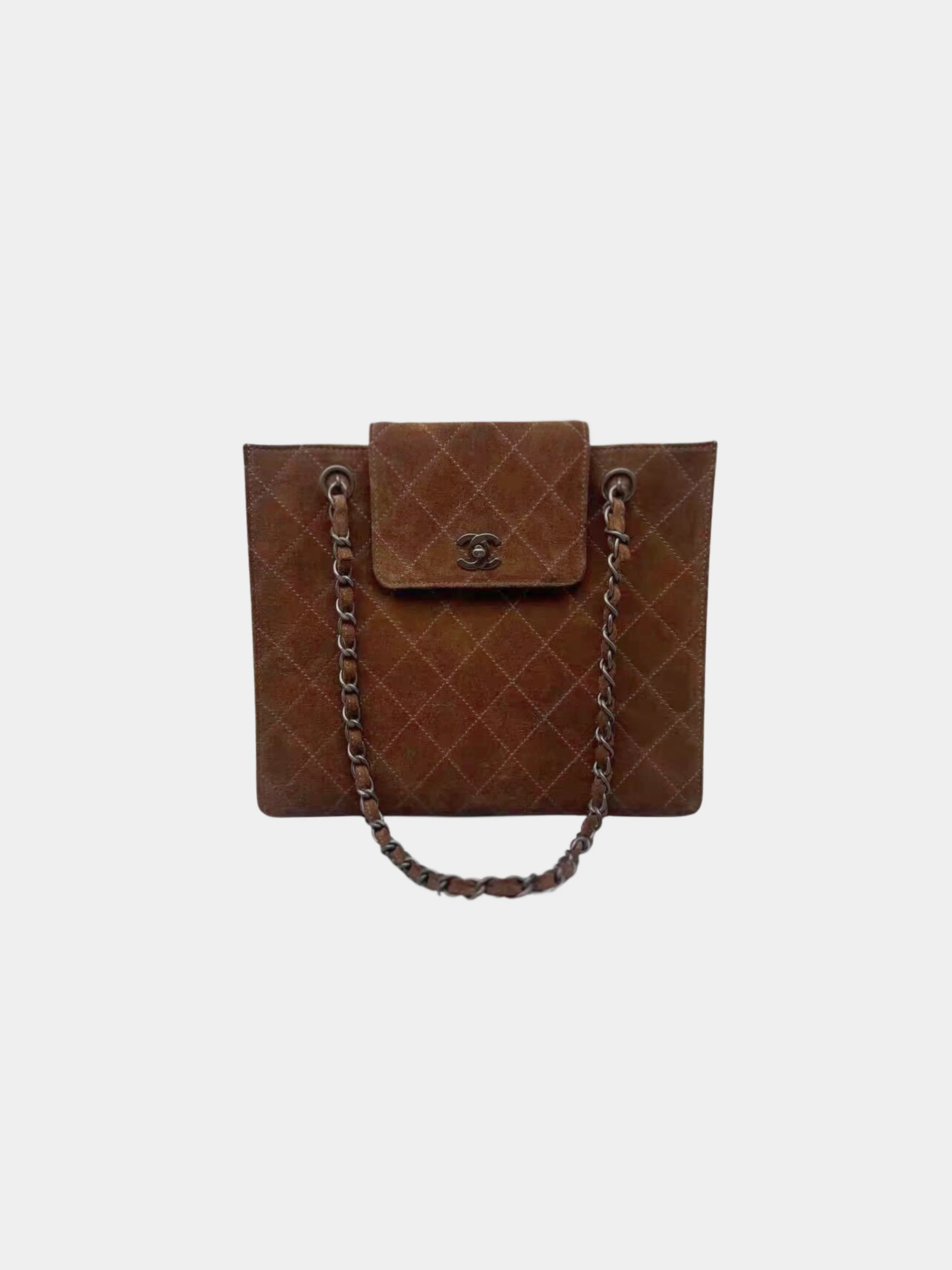 Chanel 1990s Brown Suede Matelassé Shopping Shoulder Bag