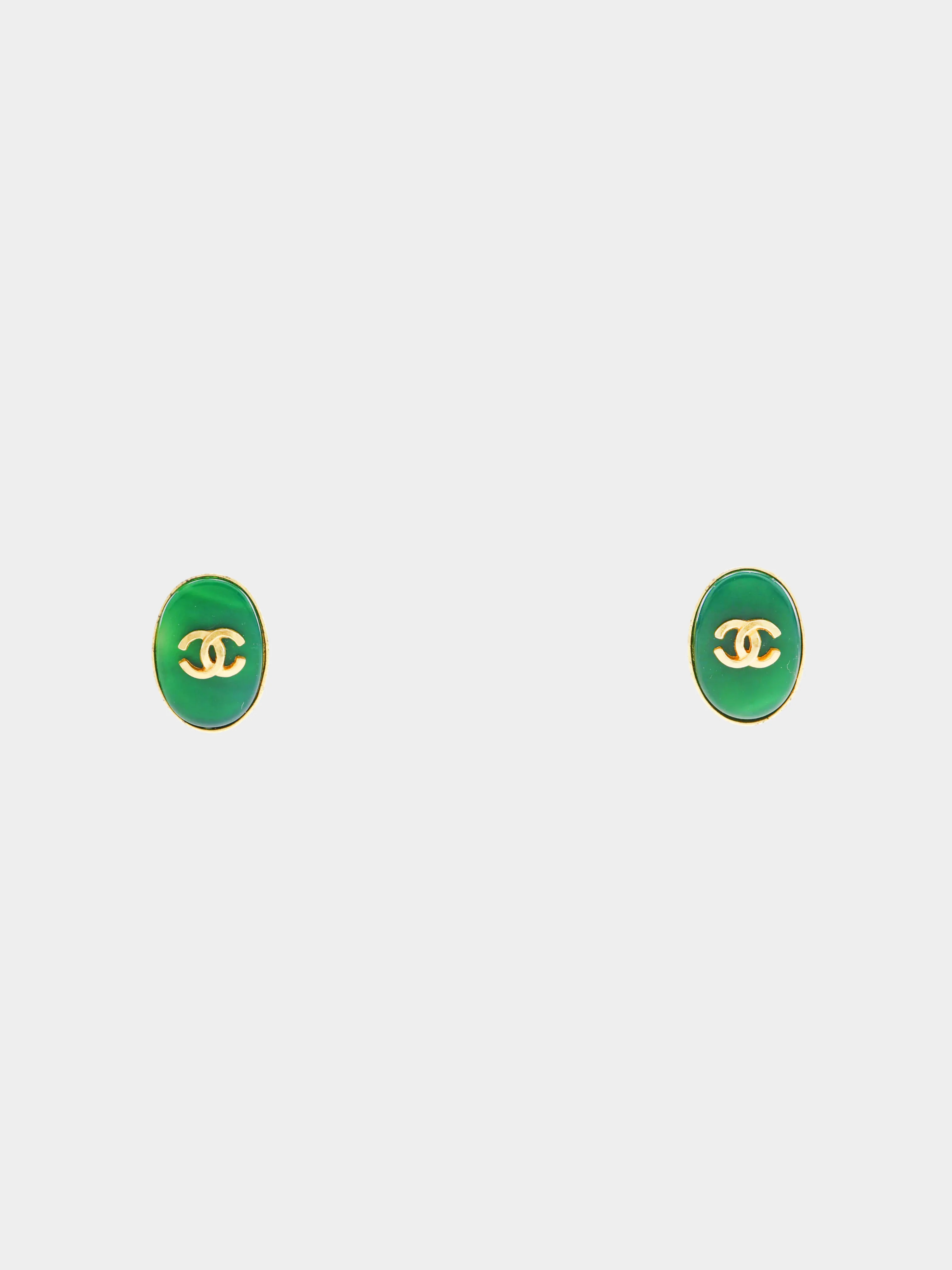 Chanel 1990s Green and Gold Oval CC Earrings