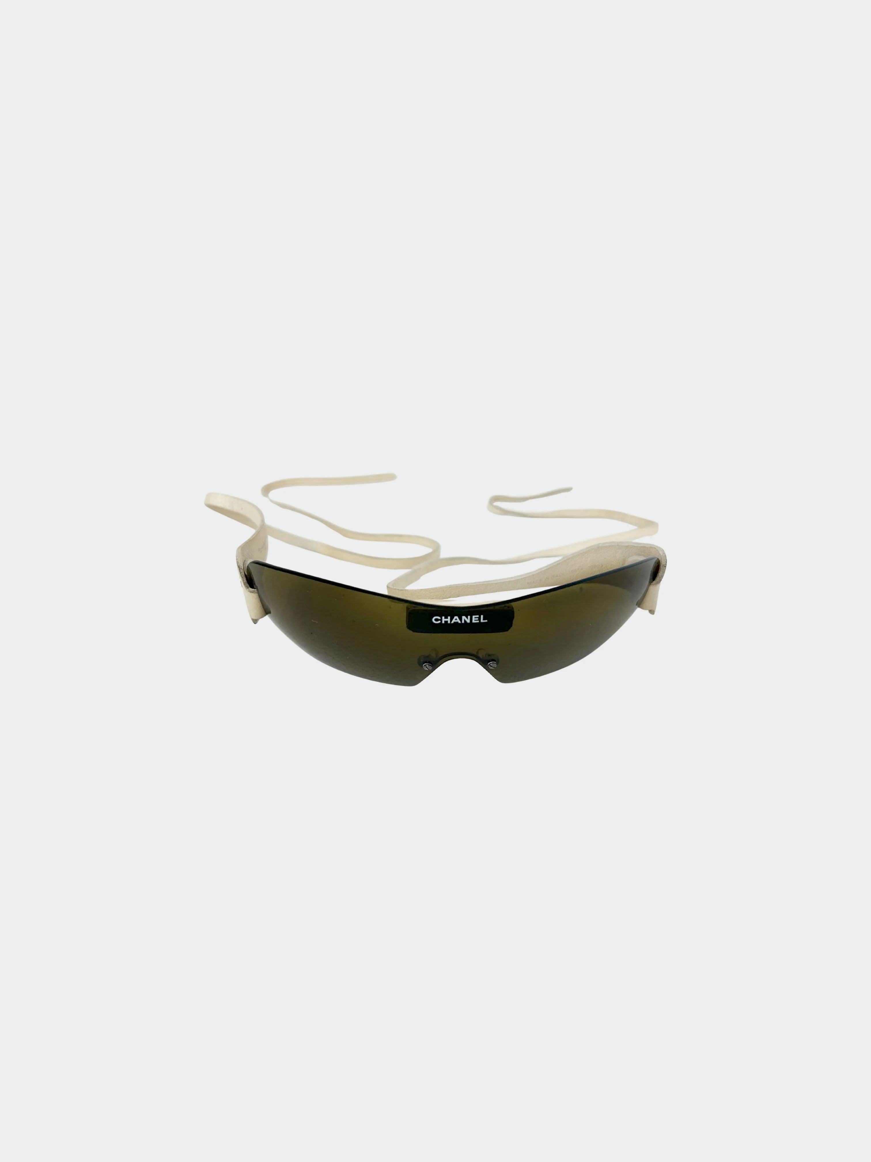 Chanel 1990s Rare Green Rimless Visor Sunglasses with Self-tie Leather Straps