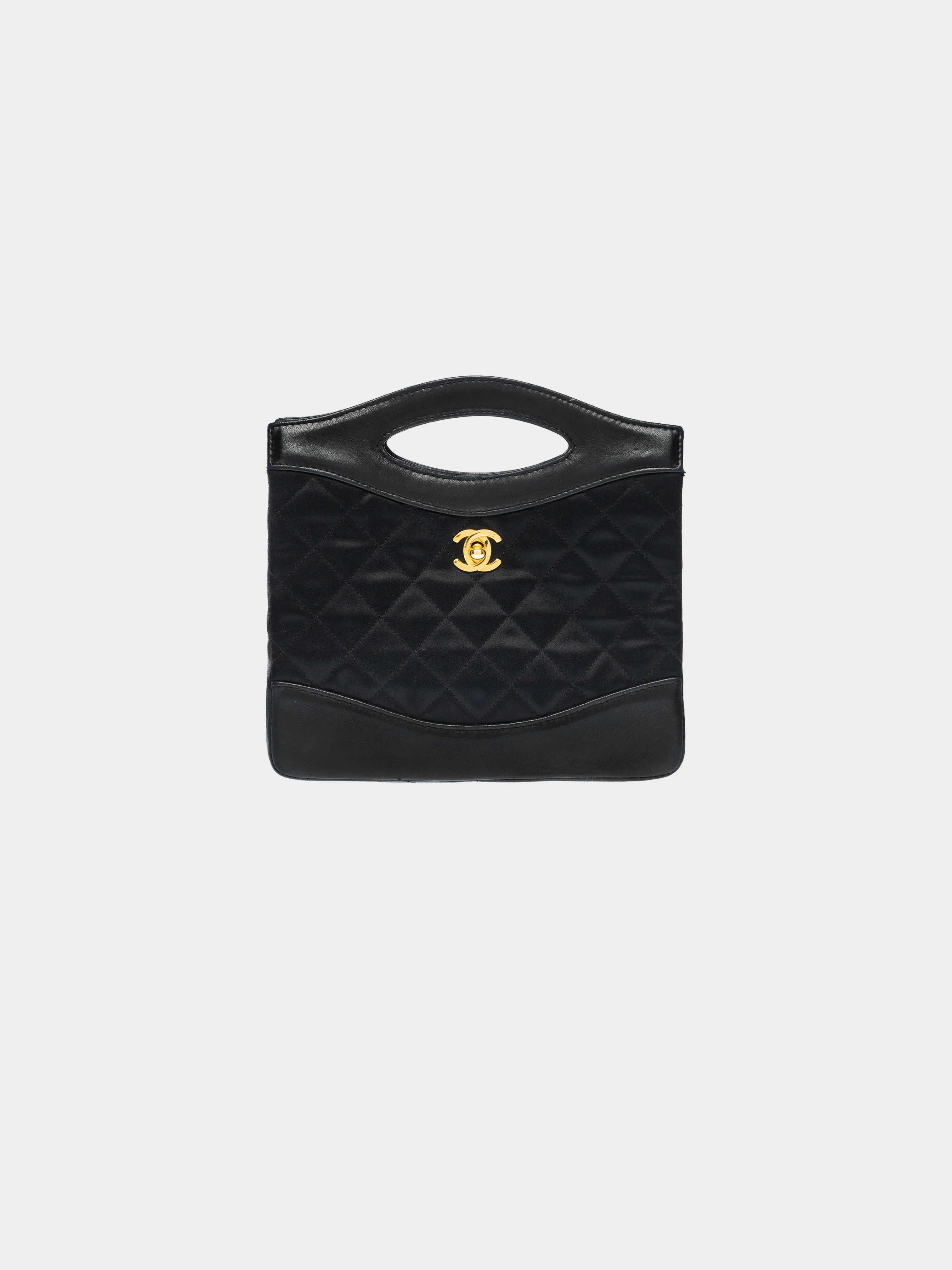 Chanel 1991 Black Diamond Quilted Satin and Leather Bag