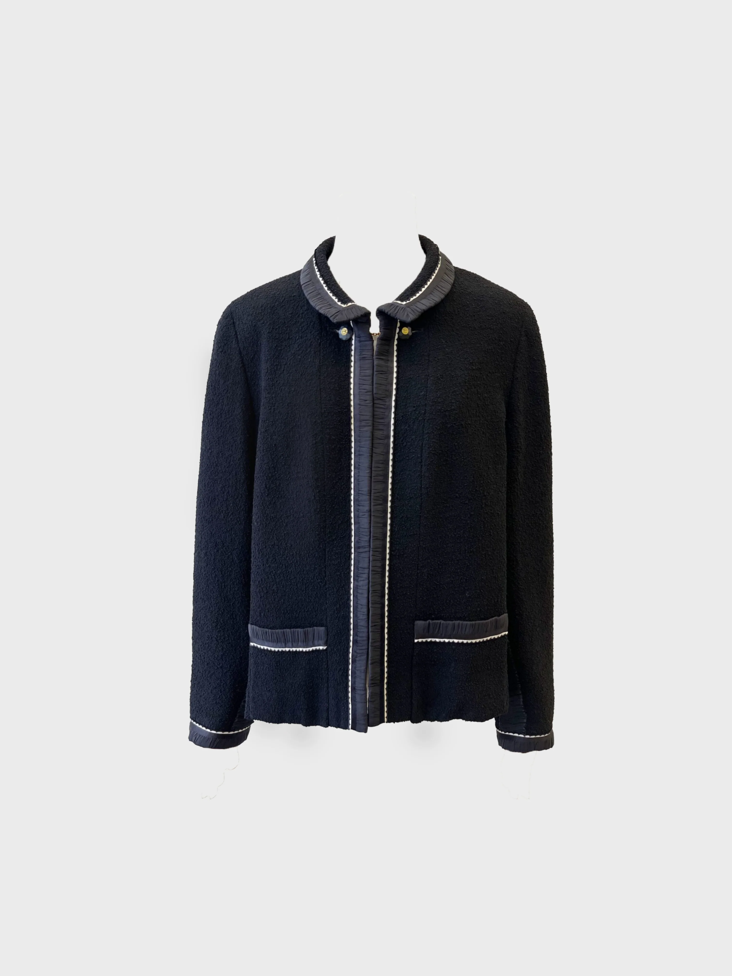 Chanel 1994 Black Tweed Ribbon Trim Jacket