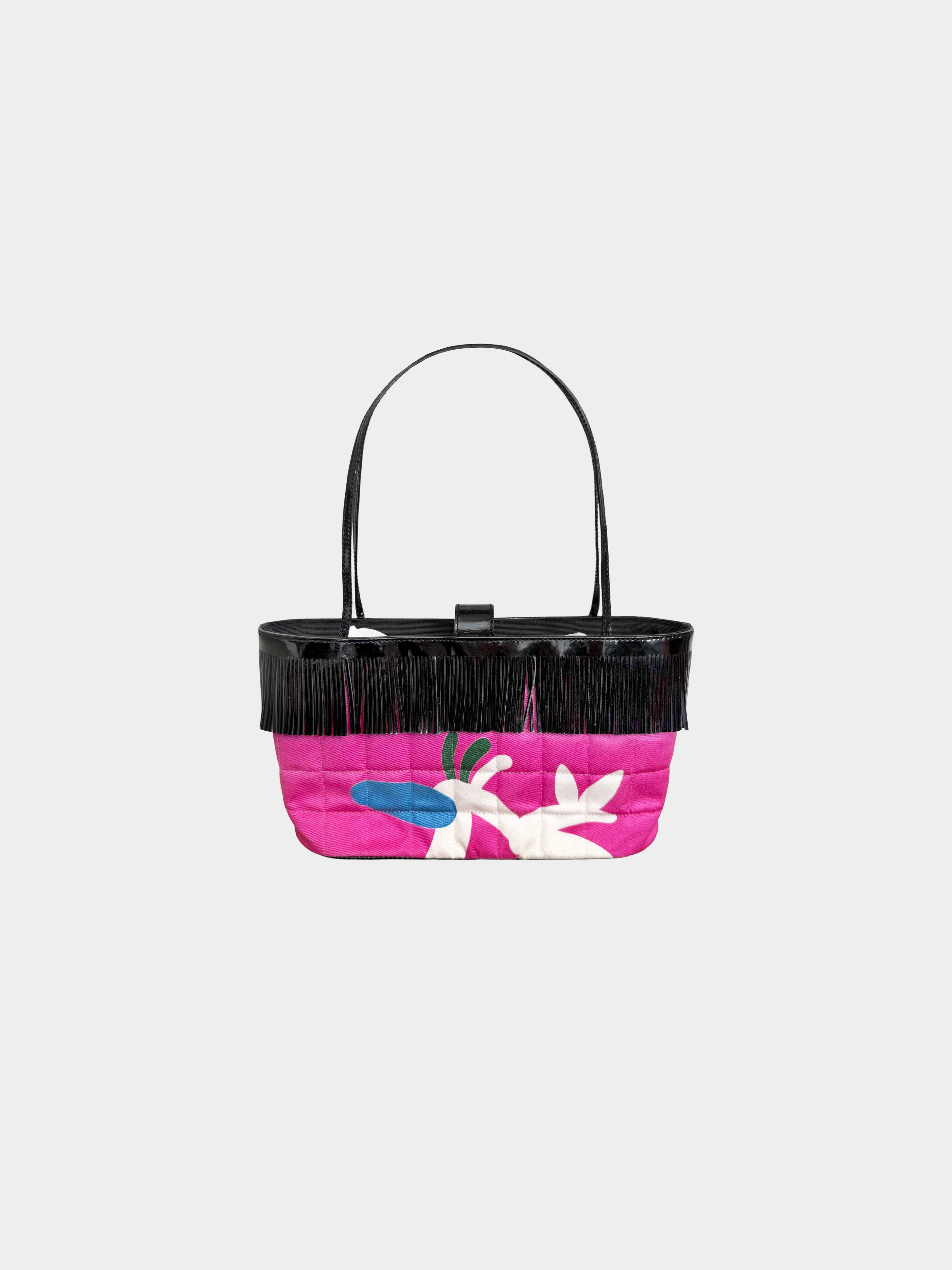 Chanel 1997-1999 Pink and Black Chocolate Bar Quilted and Fringed Tote Bag - Image 2