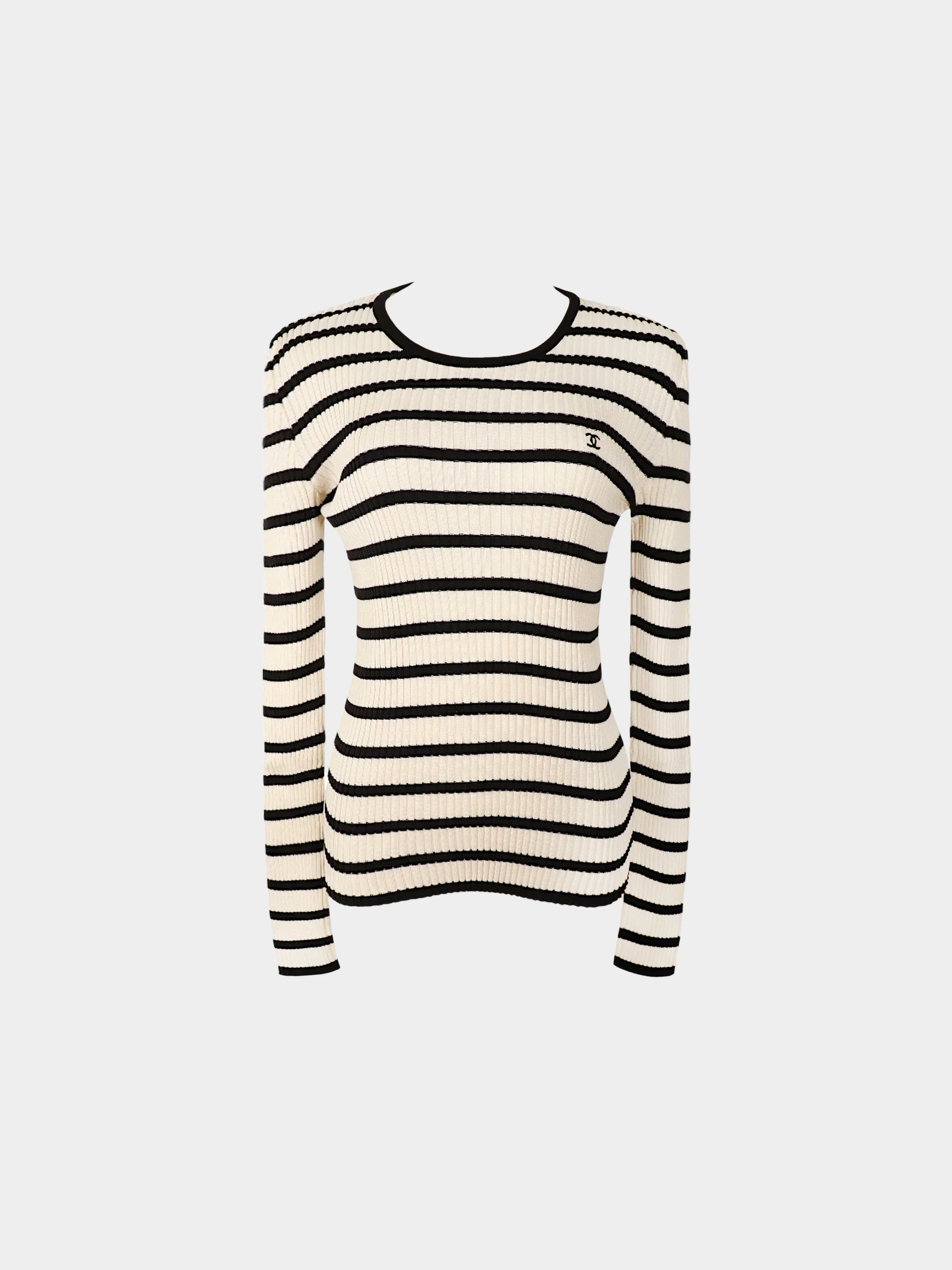 Chanel 1998 Beige and White Striped Ribbed Logo Sweater