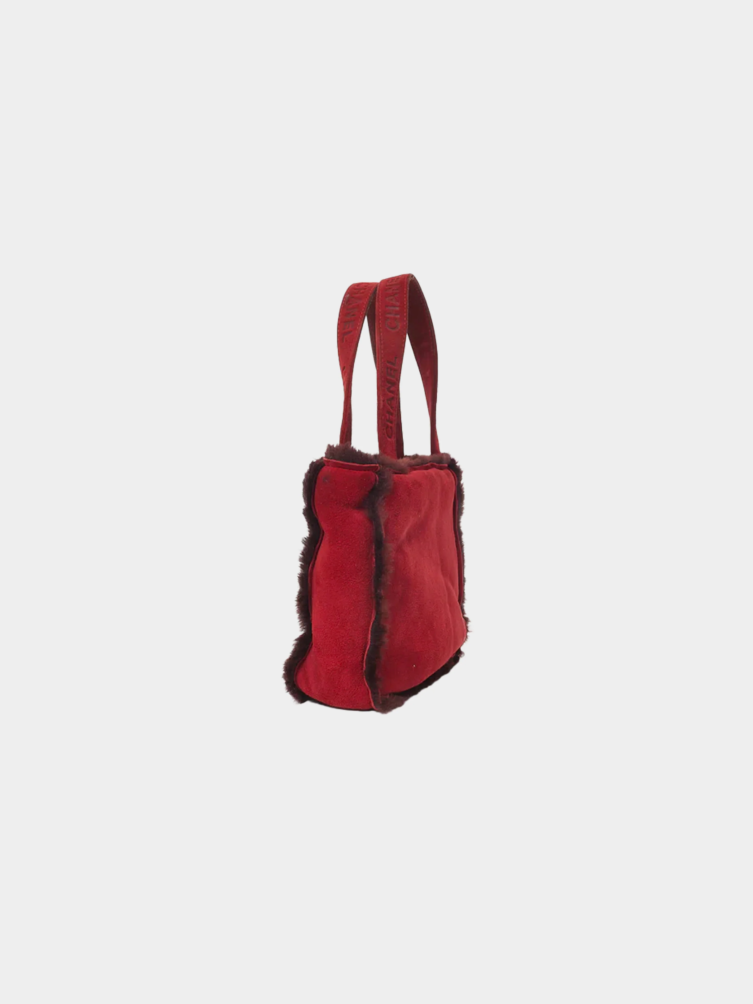 Chanel 1998 Burgundy Suede Faux Fur Trim Mini Tote Bag - Image 3
