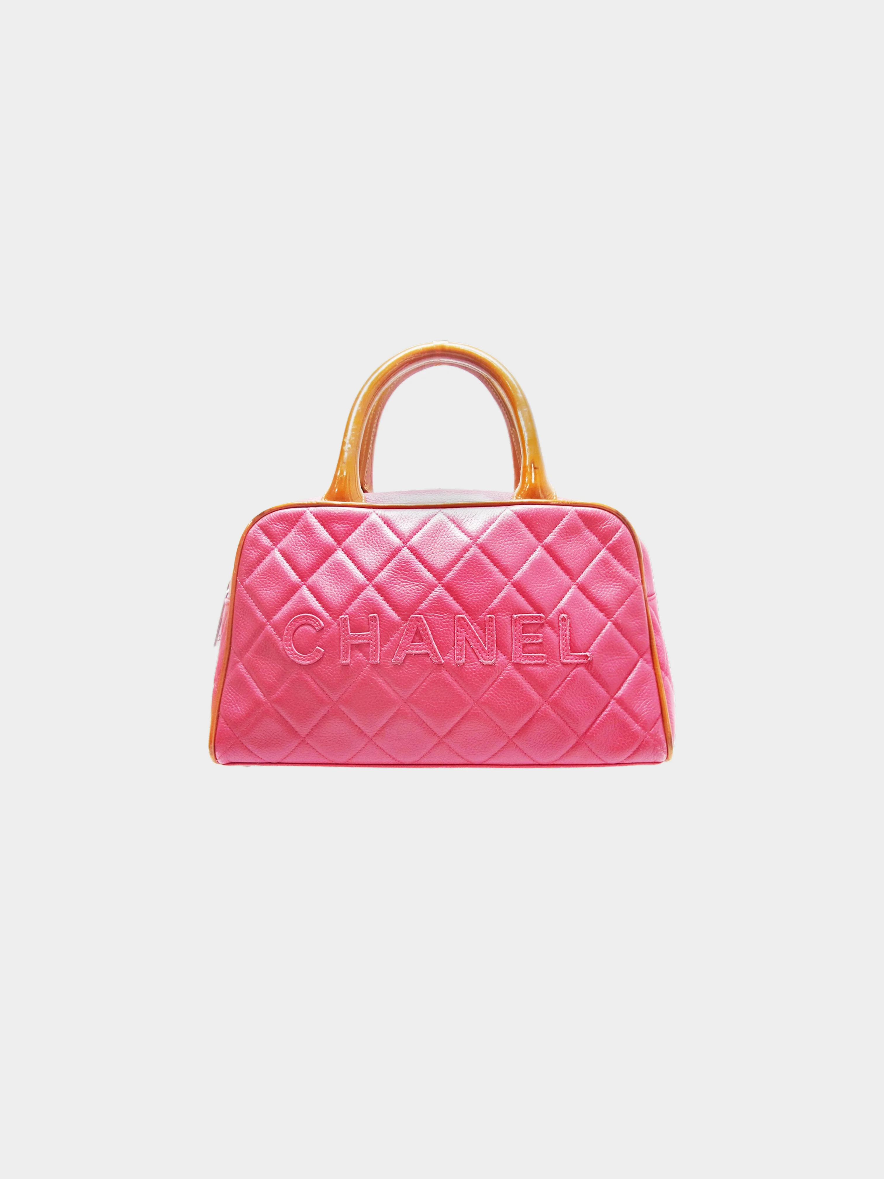 Chanel 2000-2002 Pink Quilted Caviar Leather and Brown Patent Boston Bag
