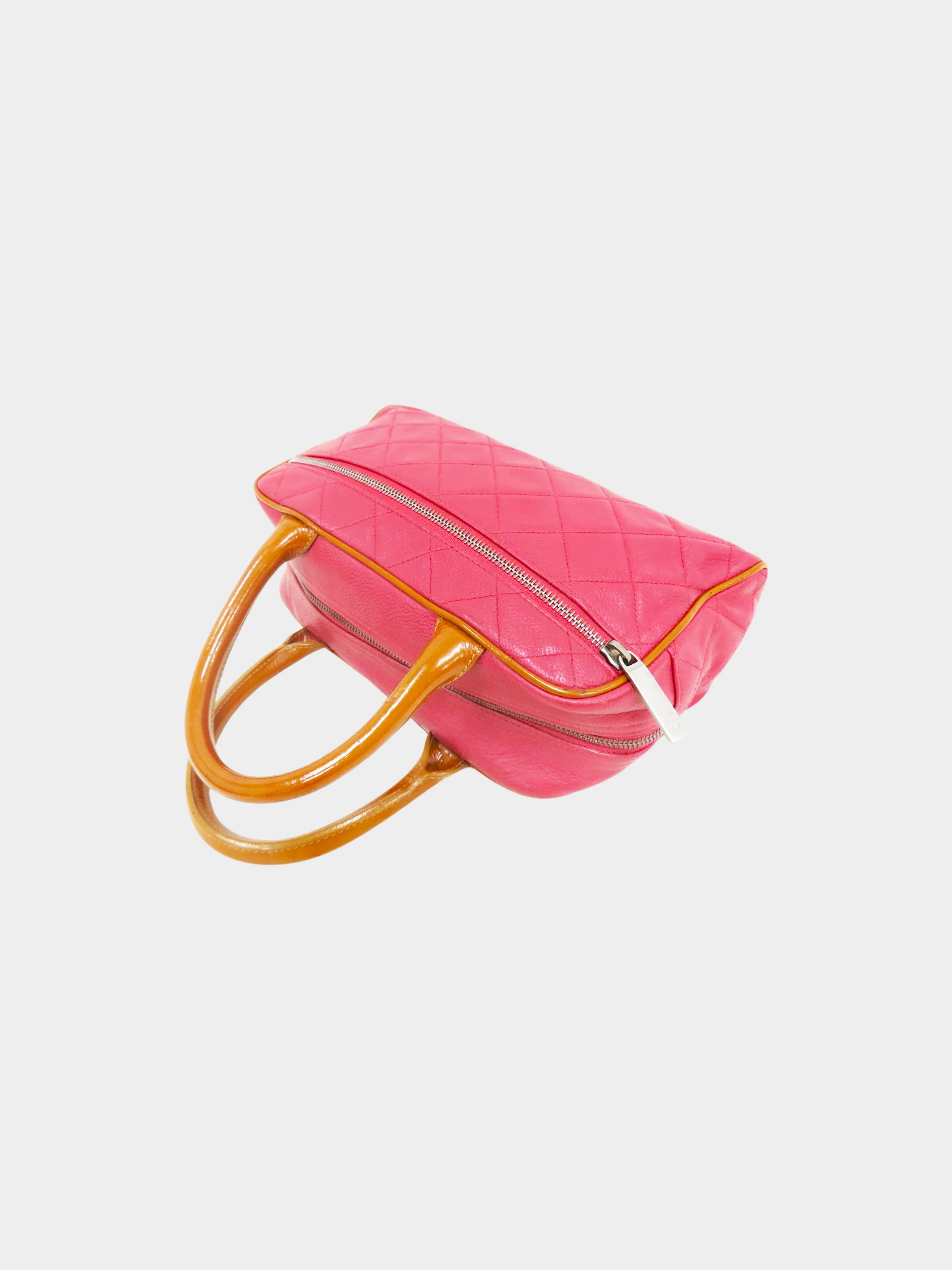 Chanel 2000-2002 Pink Quilted Caviar Leather and Brown Patent Boston Bag - Image 3