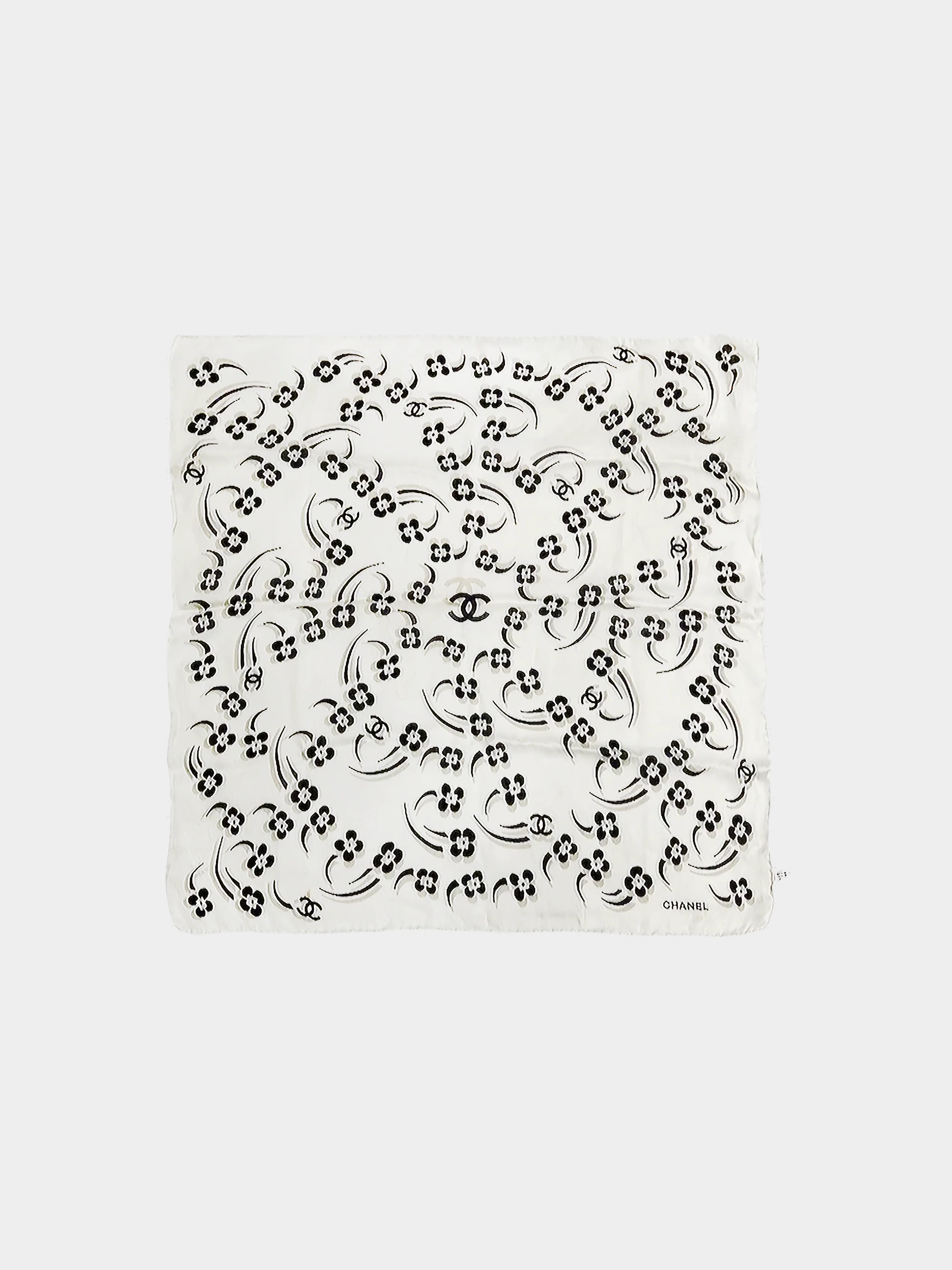 Chanel 2000s Beige Floral Print CC Silk Scarf