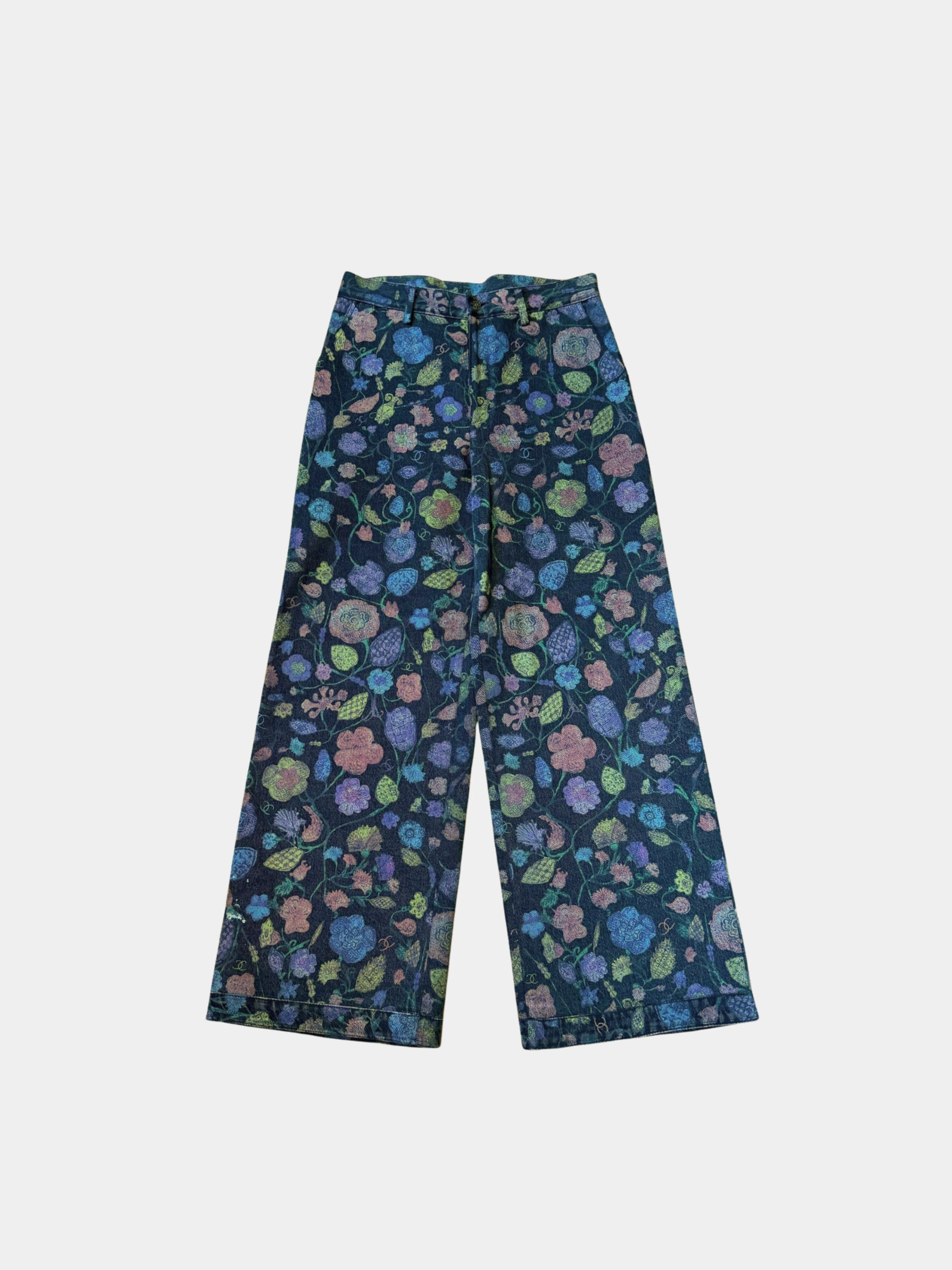 Chanel 2000s Black Multicolor Floral Print Jeans - Image 2