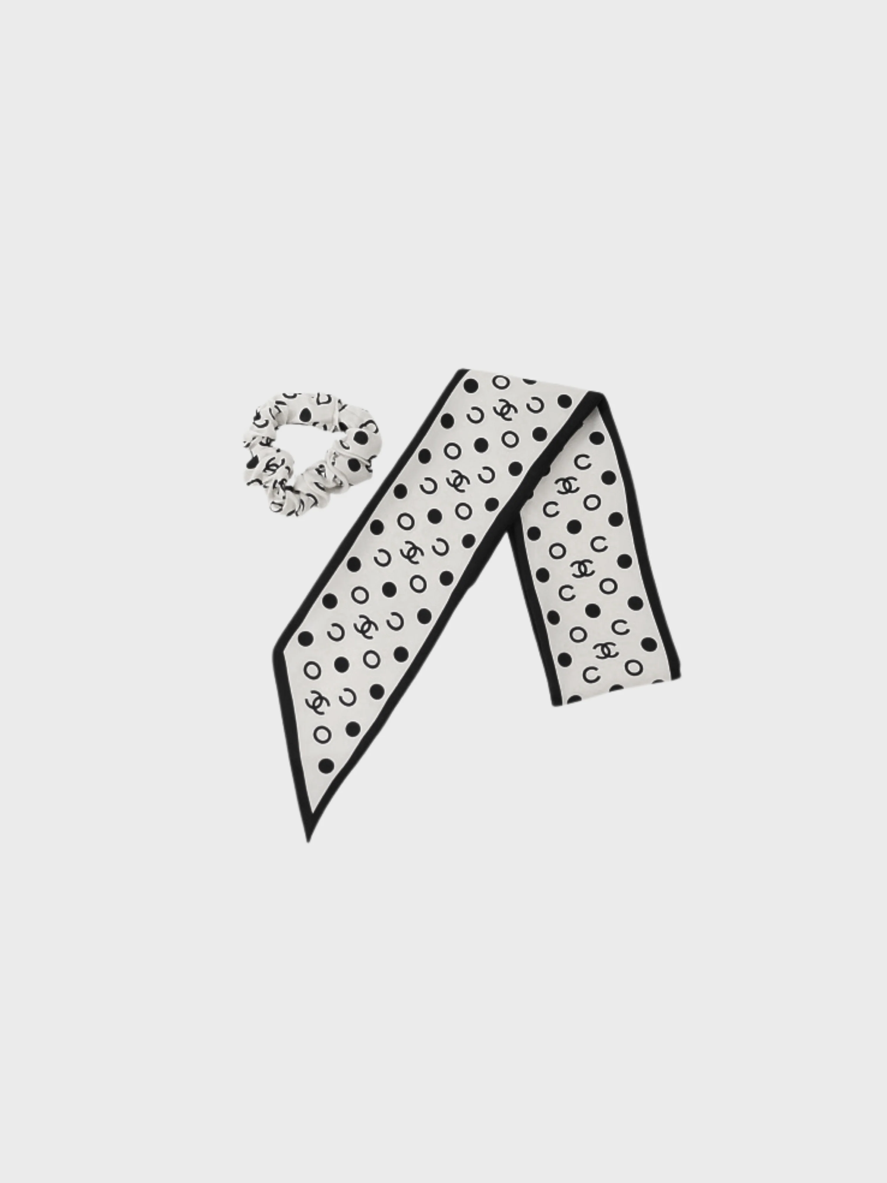 Chanel 2021 Black White Silk COCO Scrunchie Scarf Set