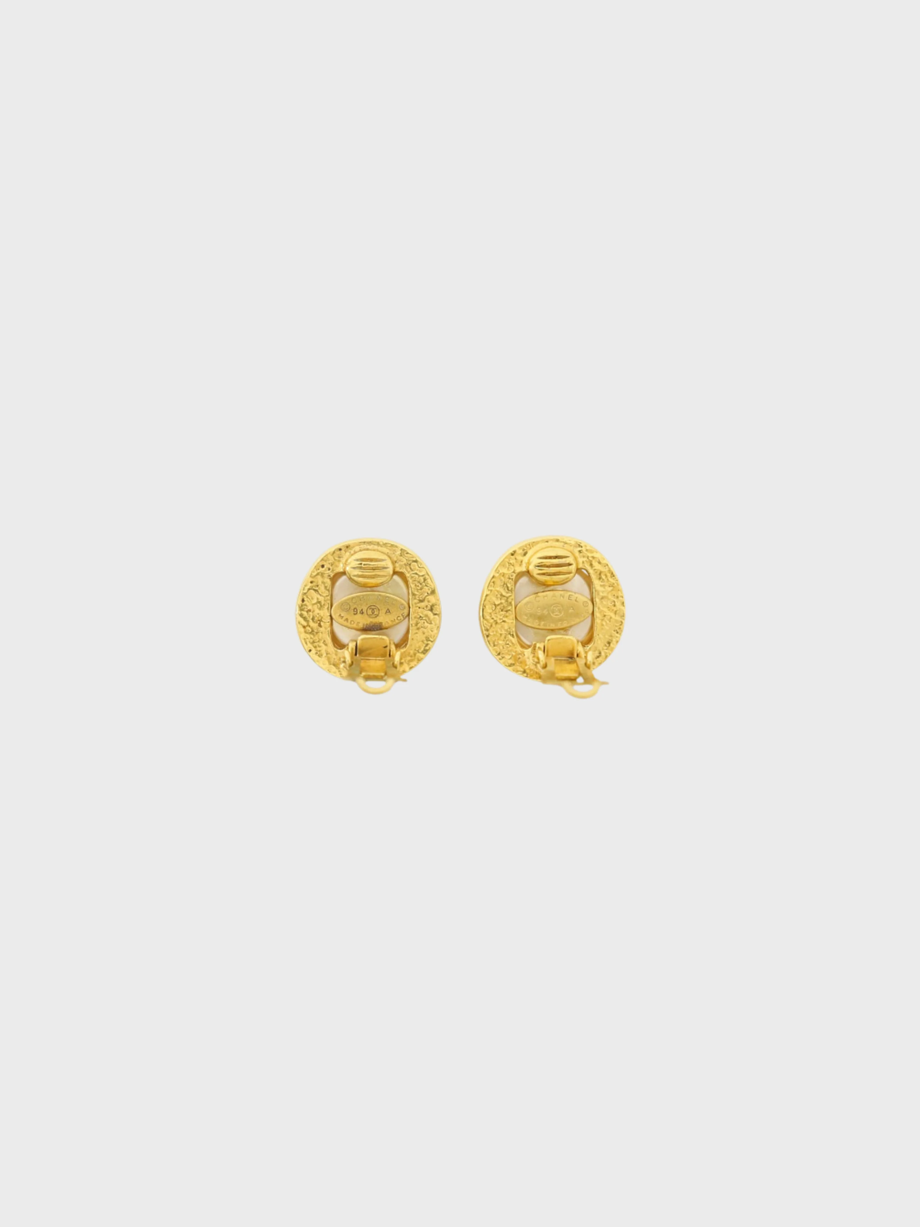 Chanel SS 1994 Gold Plated Metal Pearl COCO Round Earrings - Image 2