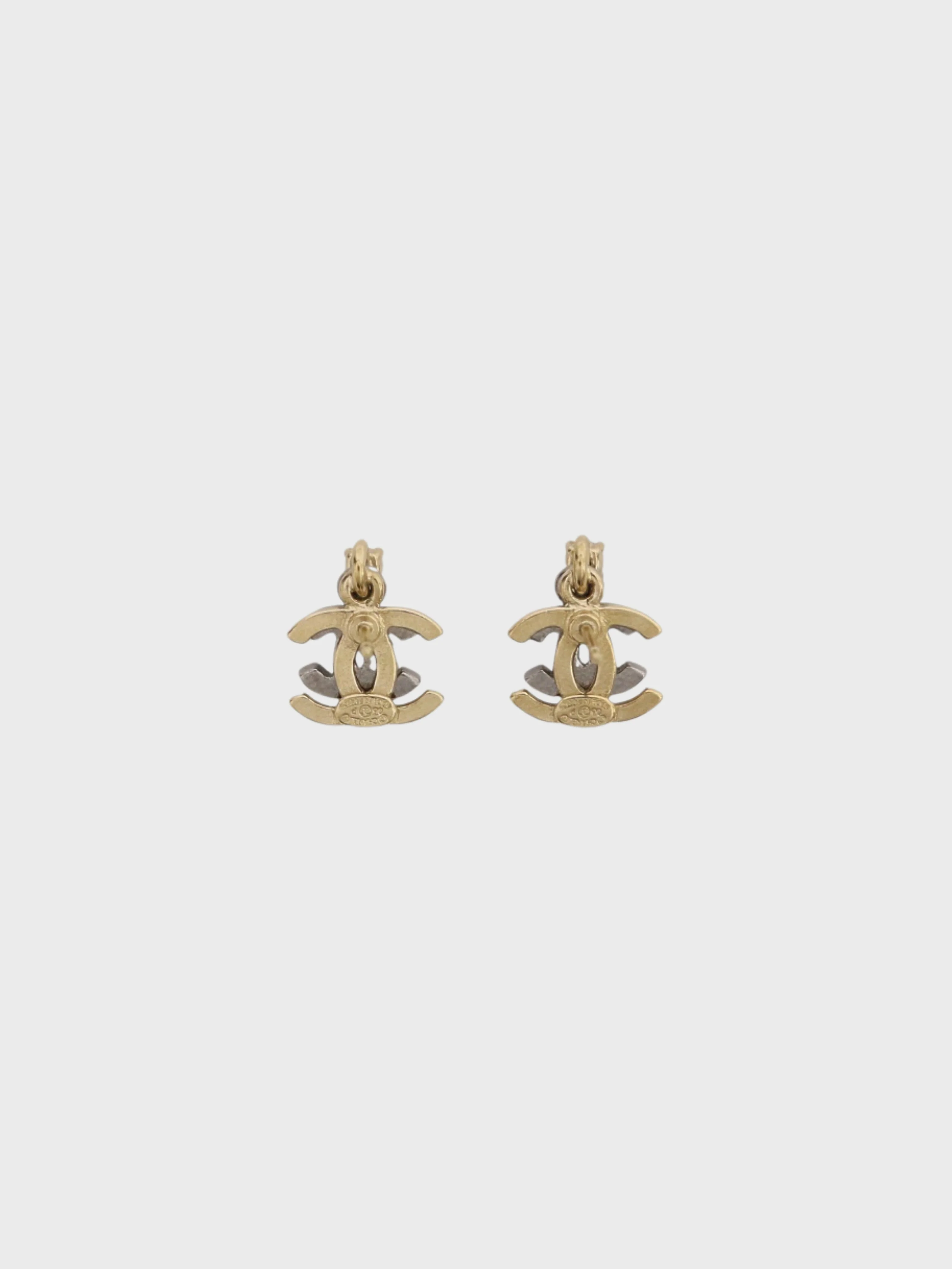 Chanel 2000s Gold Silver Plated Metal Rhinestone Double COCO Earrings - Image 2