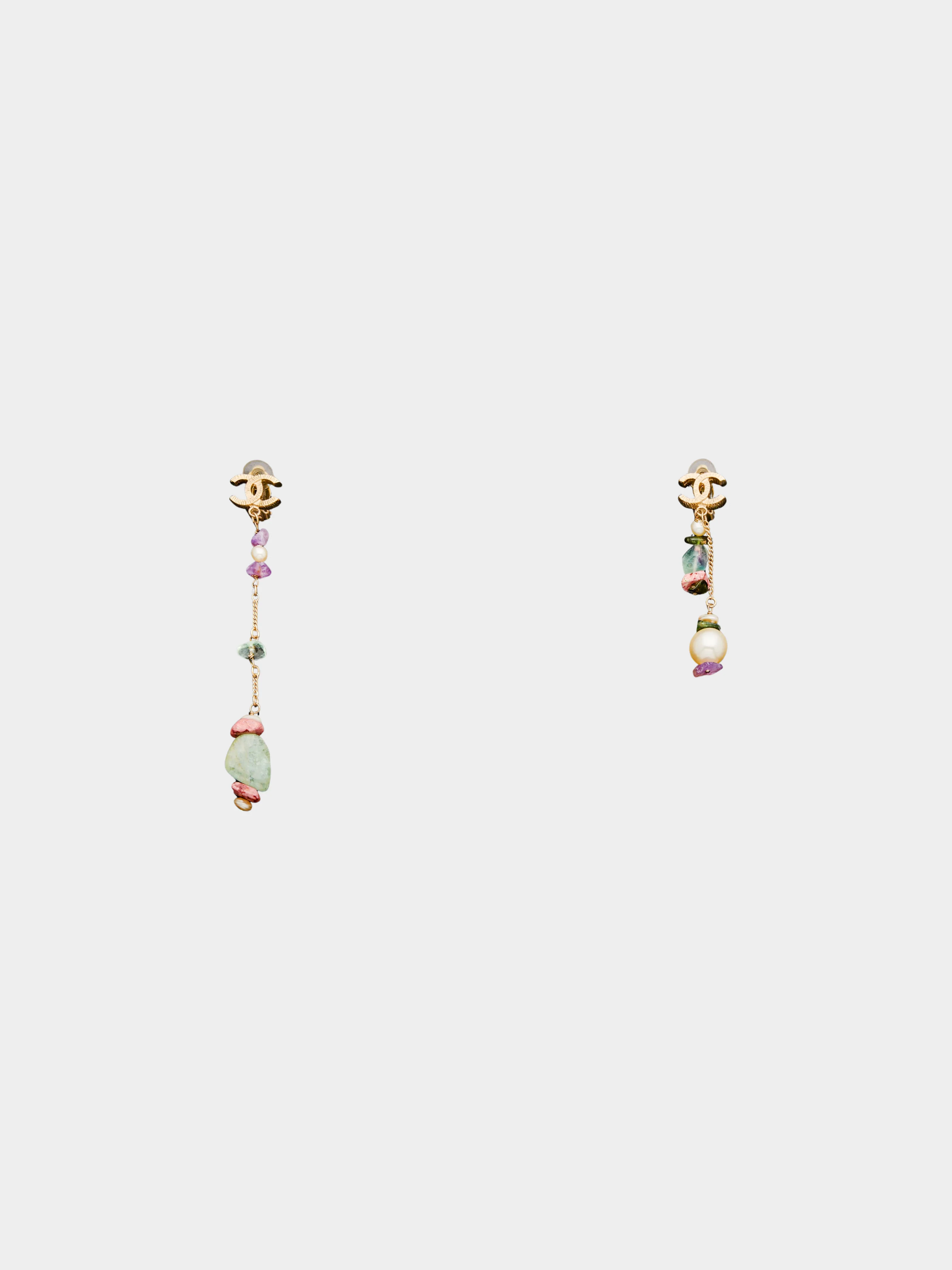 Chanel 2000s Gold Toned Beaded Mismatched Drop Earrings