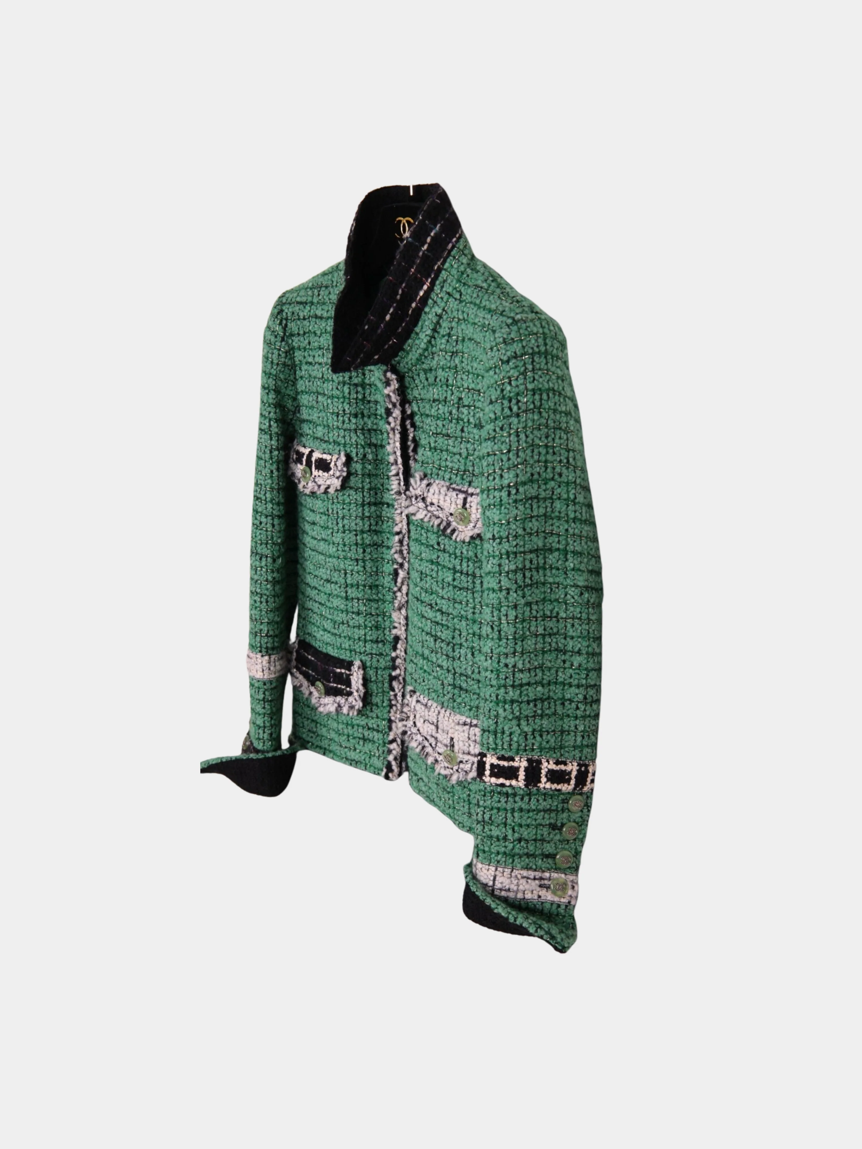 Chanel 2000s Green Bouclé Tweed Color-Block Four-Pocket Jacket - Image 3