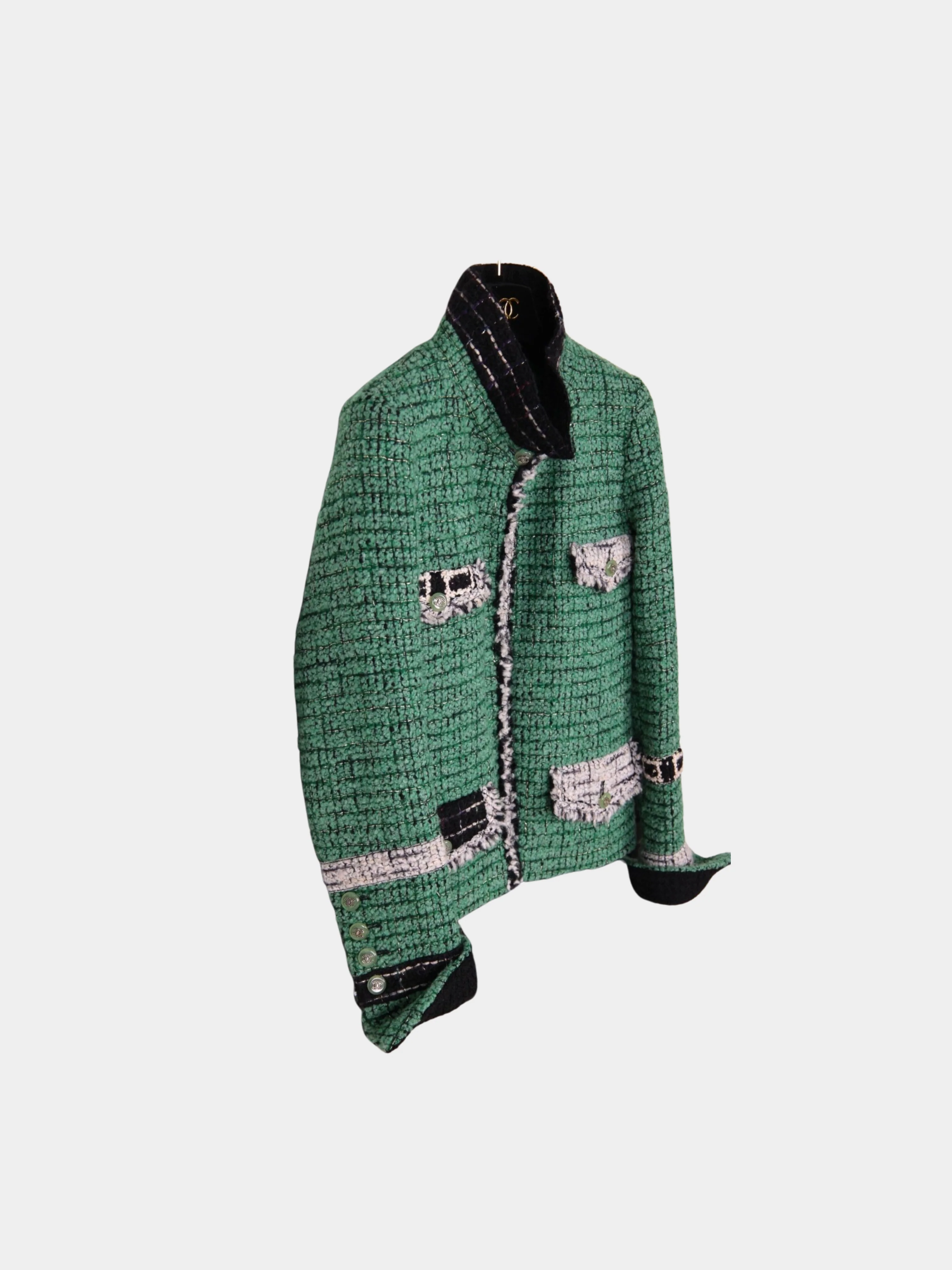 Chanel 2000s Green Bouclé Tweed Color-Block Four-Pocket Jacket - Image 4