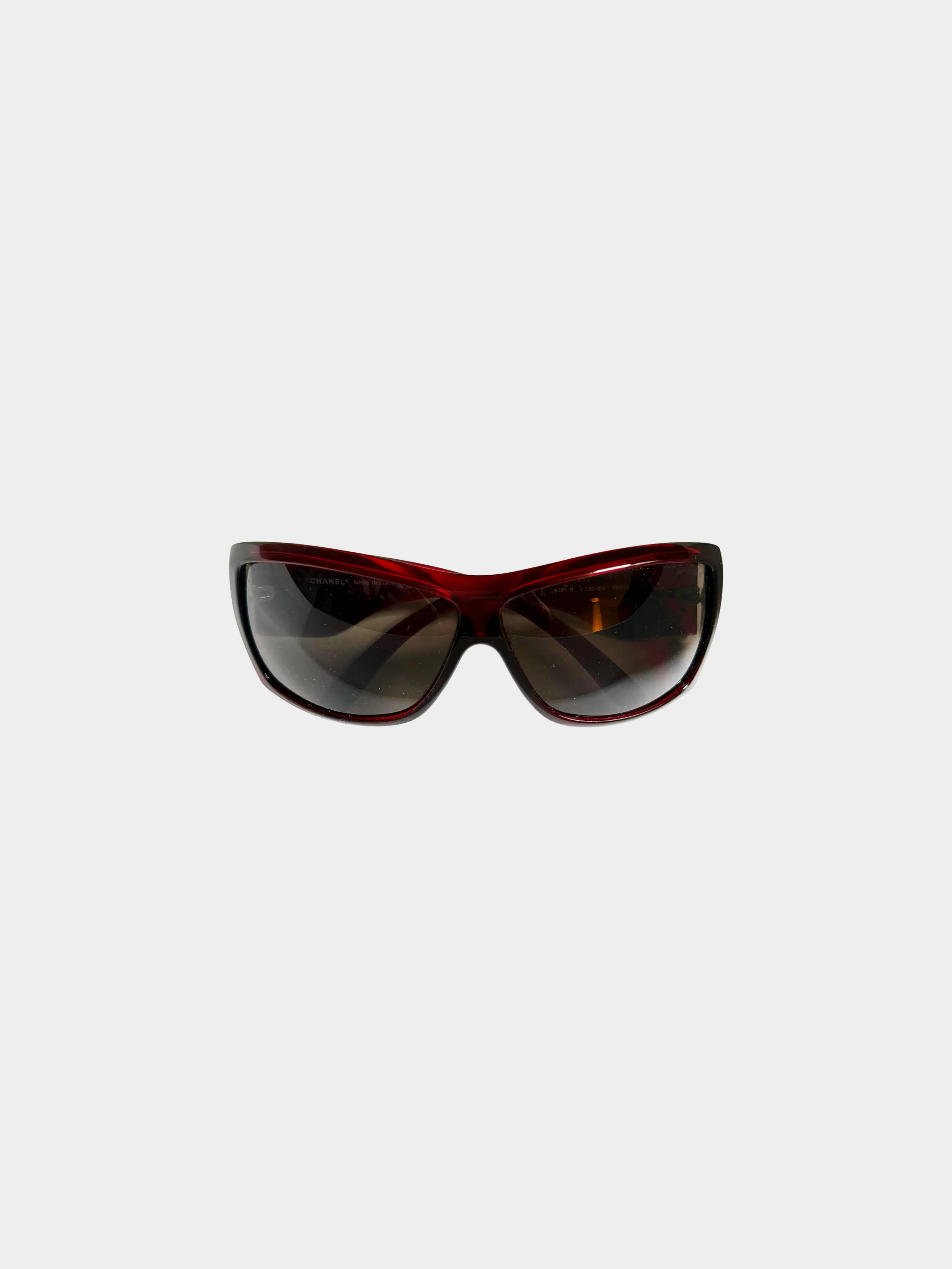 Chanel 2000s Red CC Rhinestone-embellished Rectangle Sunglasses - Image 2