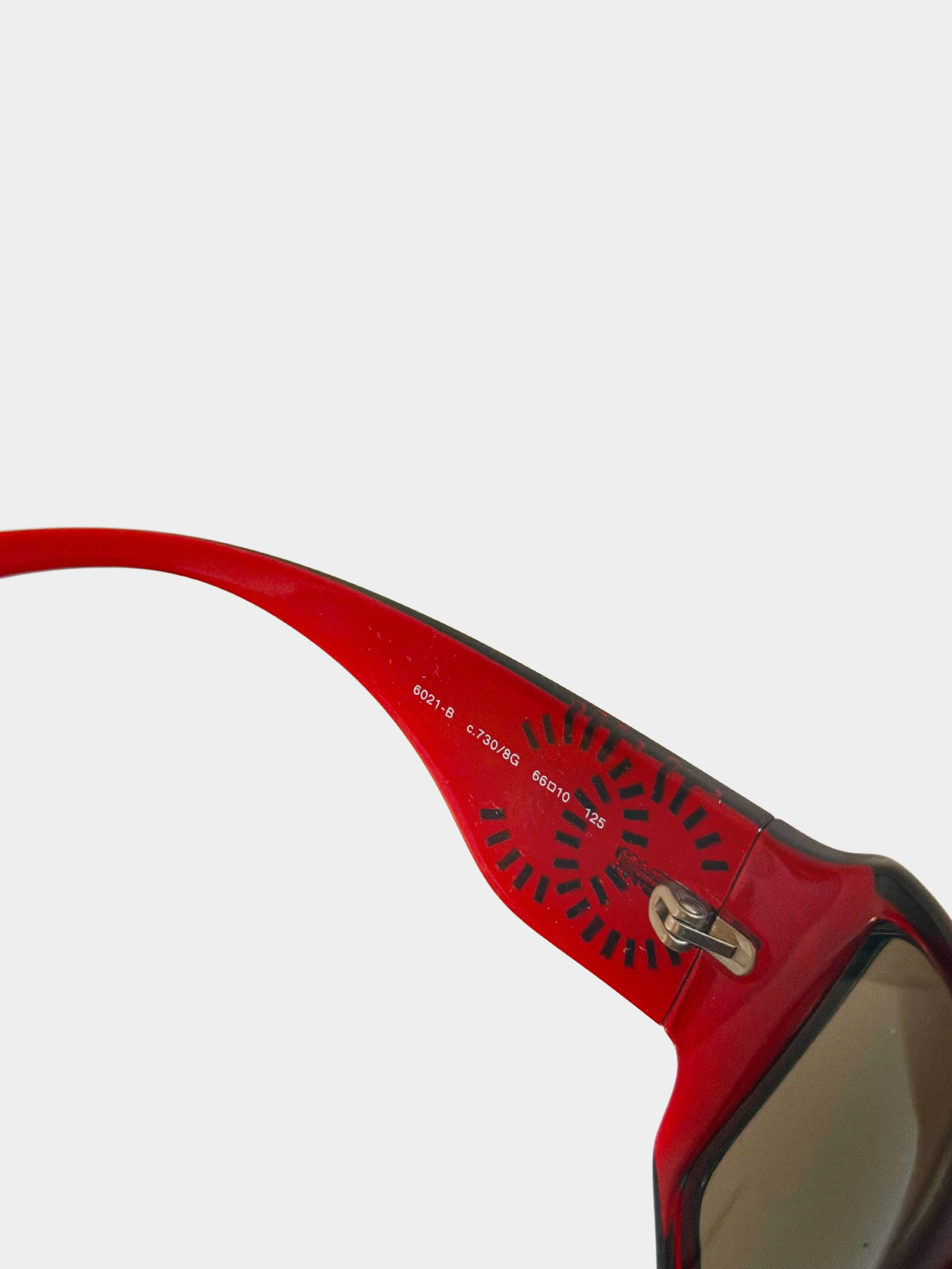Chanel 2000s Red CC Rhinestone-embellished Rectangle Sunglasses - Image 4