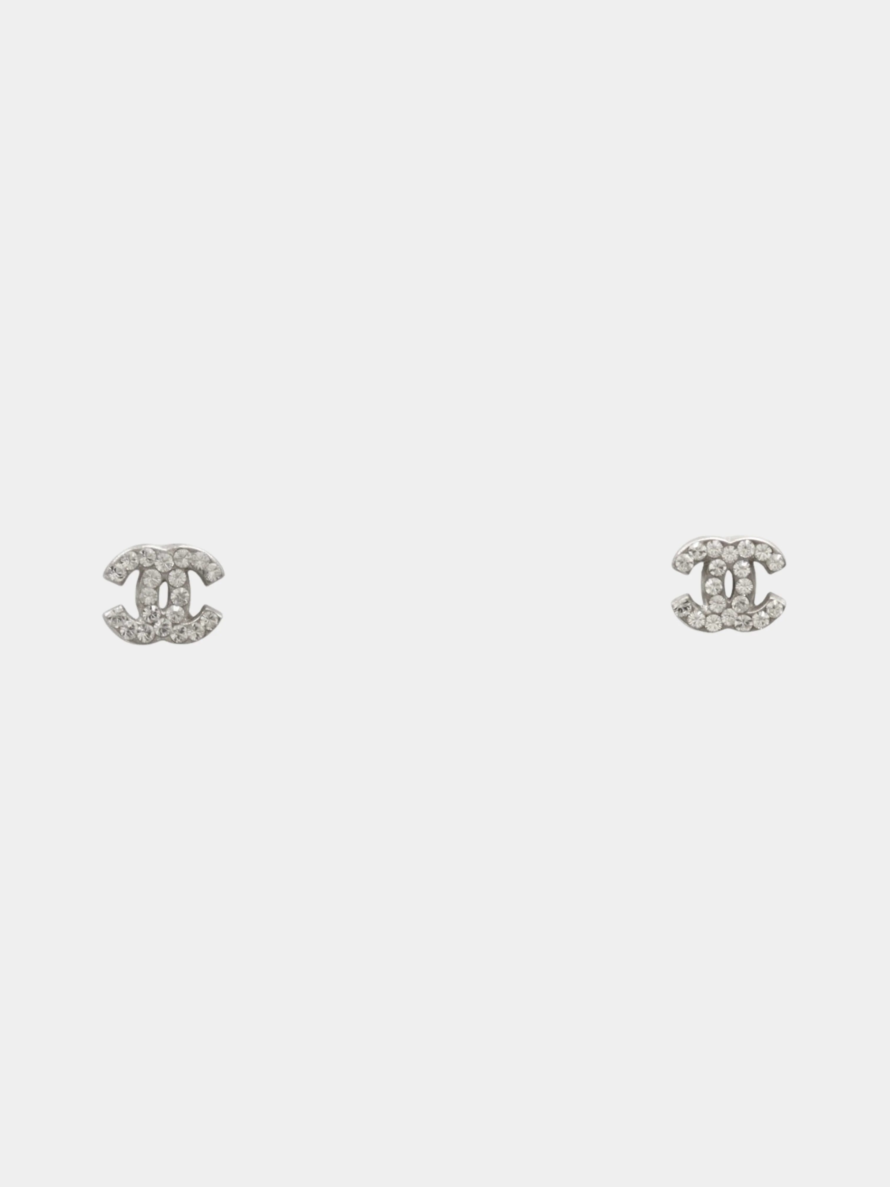 Chanel 2000s Silver Plated Metal Rhinestone COCO Earrings