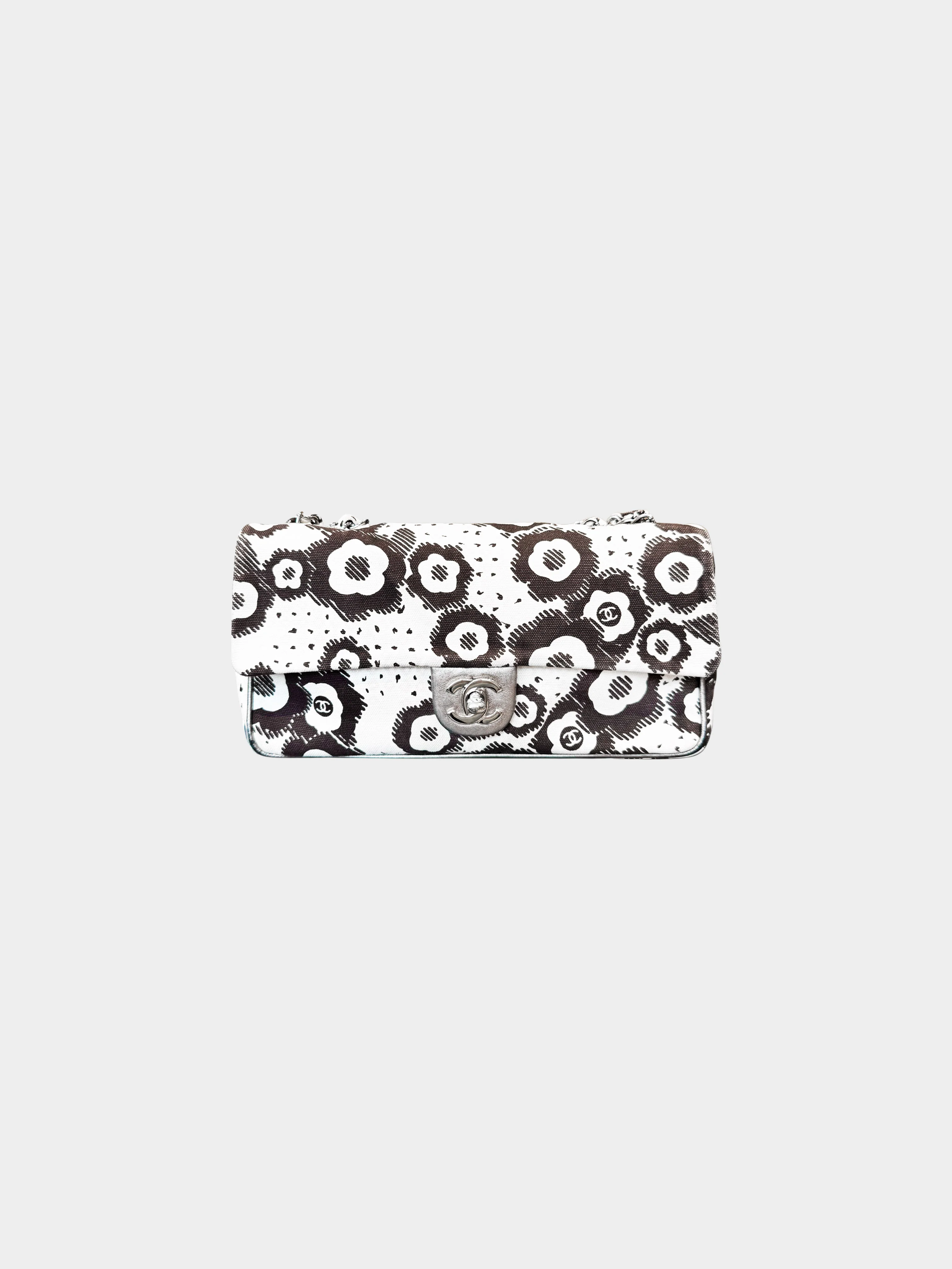 Chanel 2005-2006 White Canvas Camellia Print Flap Bag