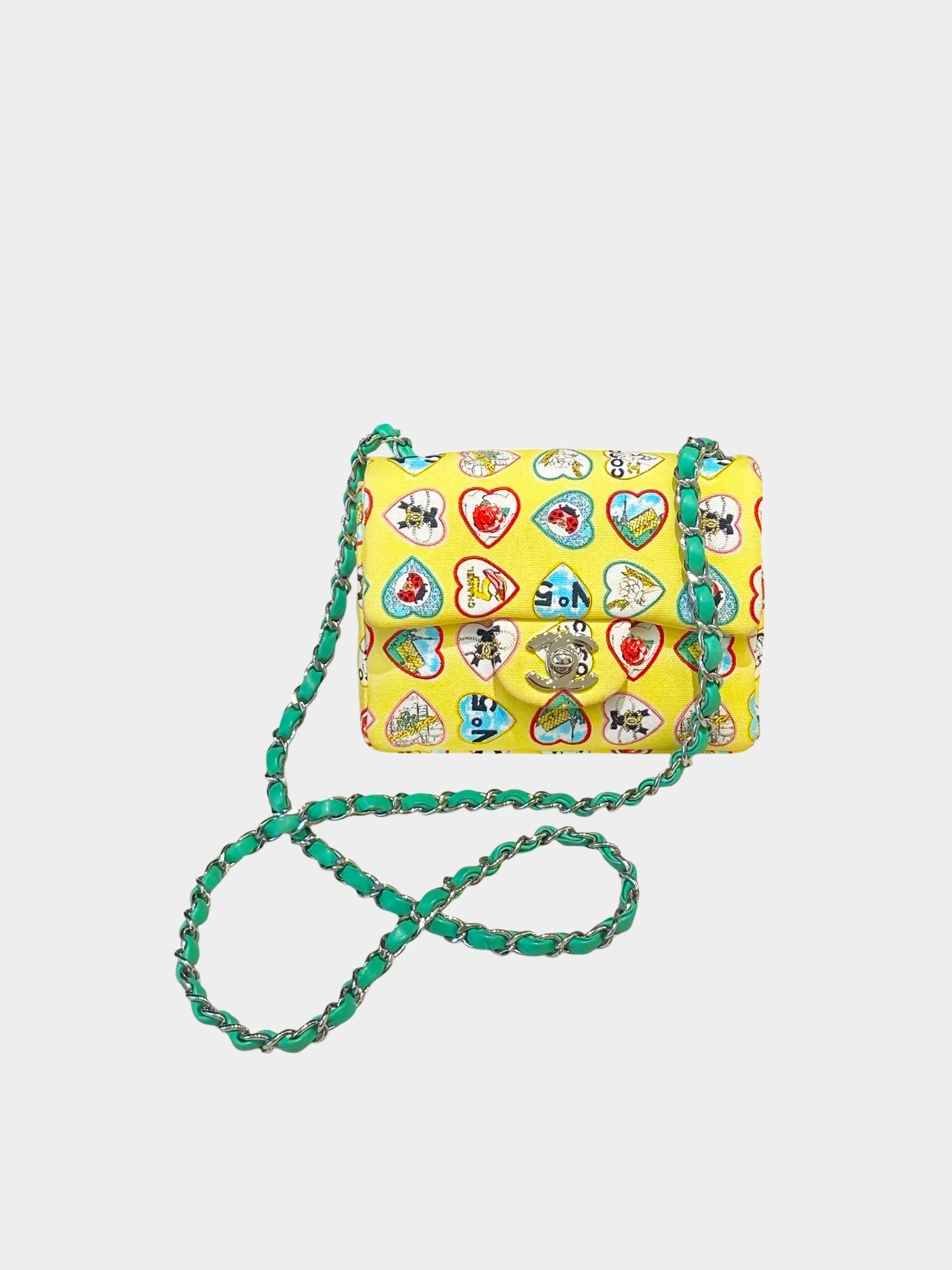 Chanel 2005-2006  Yellow Canvas Valentine's Day Hearts Mini Square Flap Bag - Image 4