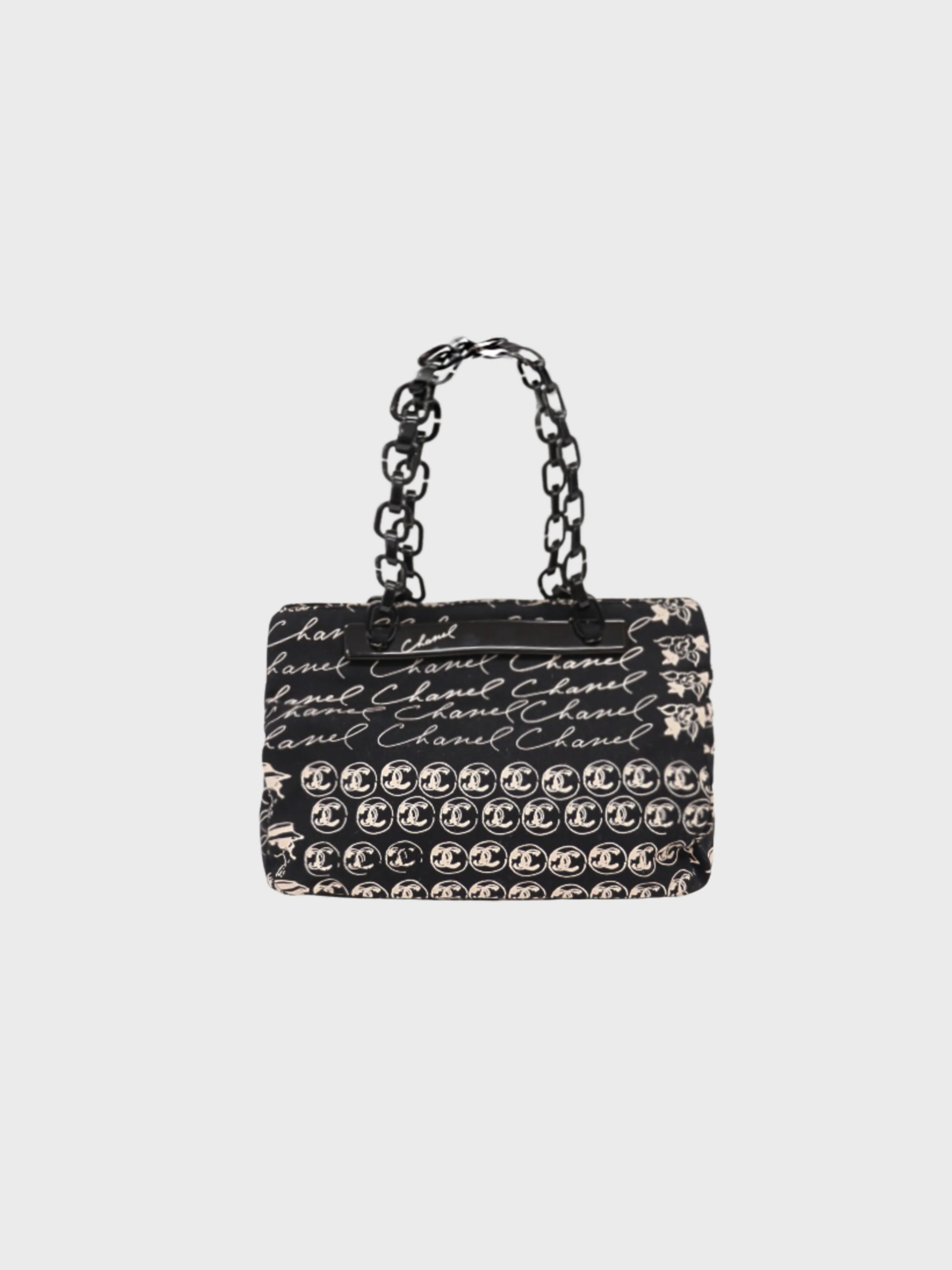 Chanel 2005 Black Beige Canvas Plastic Chain Handbag