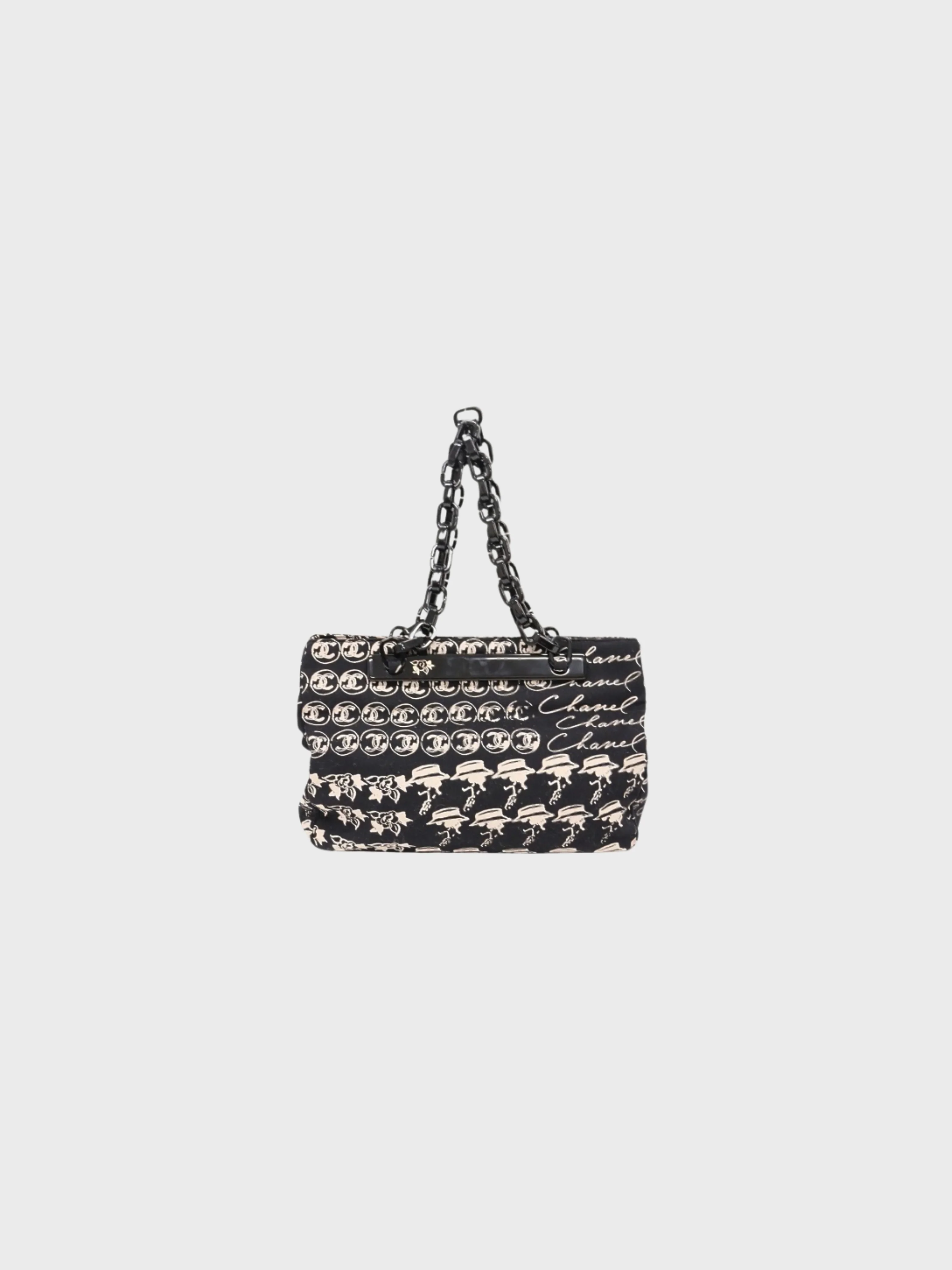 Chanel 2005 Black Beige Canvas Plastic Chain Handbag - Image 2