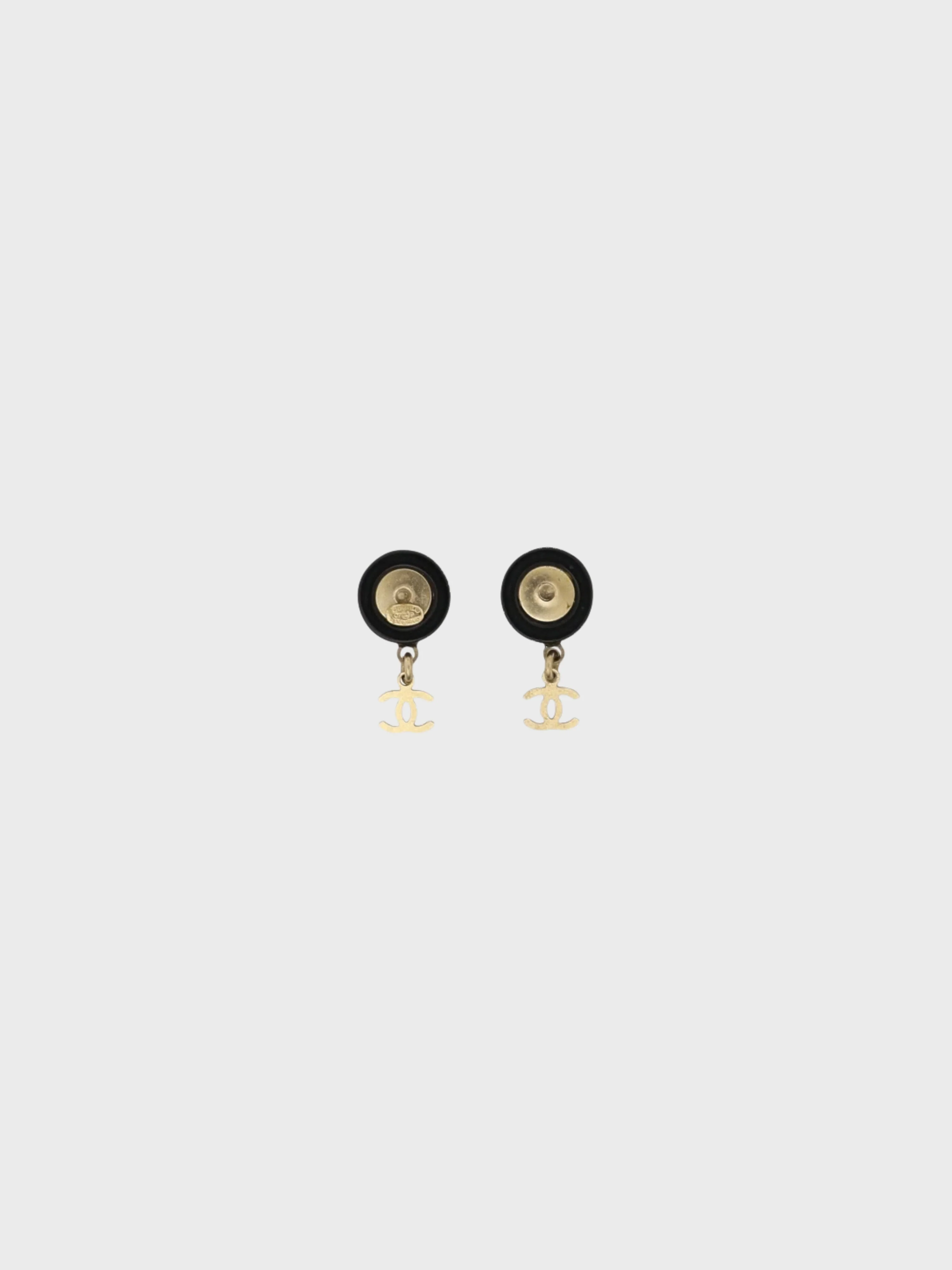 Chanel 2007 Gold Black Plated Metal Plastic COCO Round Swing Earrings - Image 2
