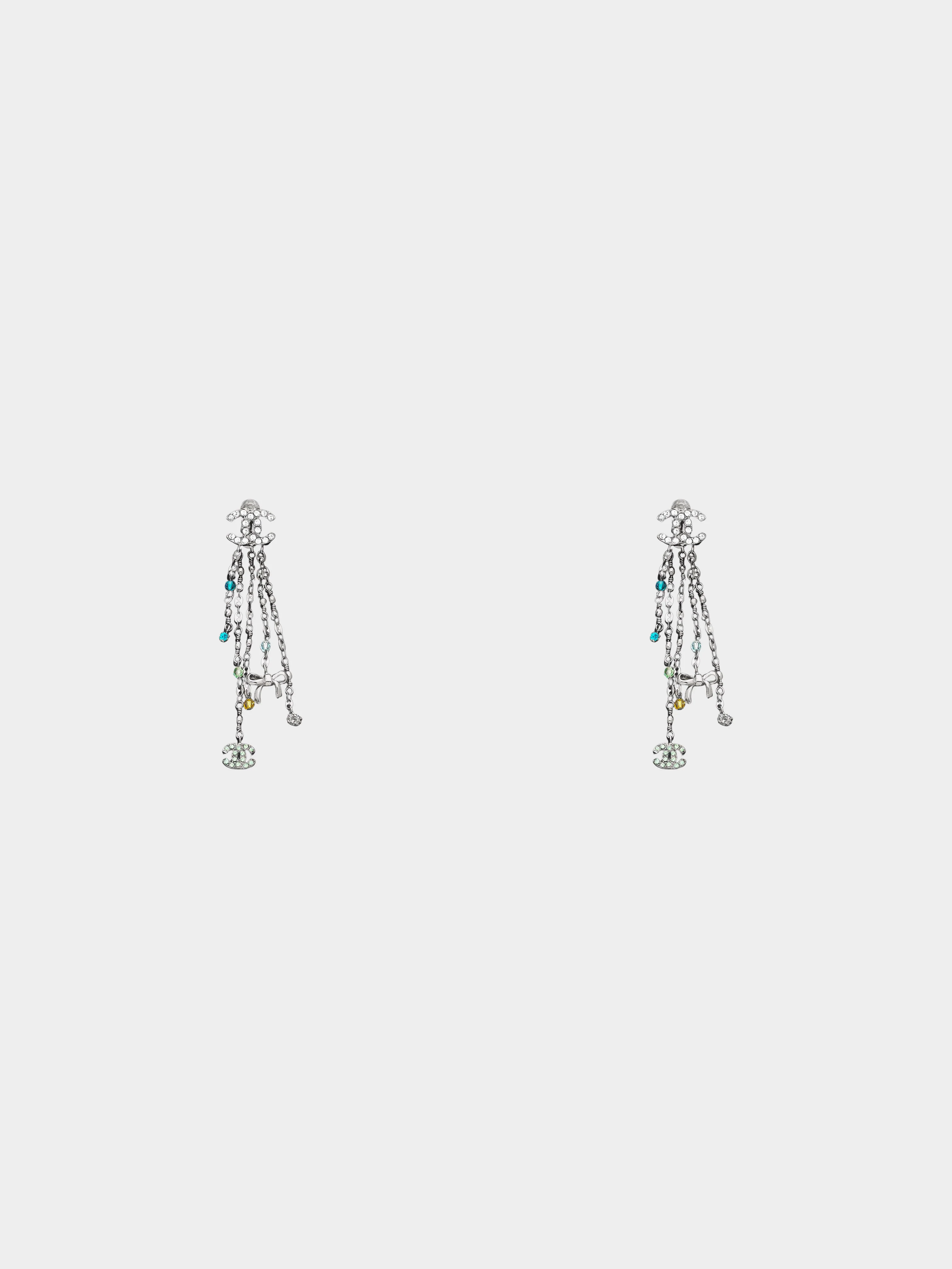 Chanel 2007 Silver CC Rhinestone and Beads-embellished CC Clip-on Drop Earrings