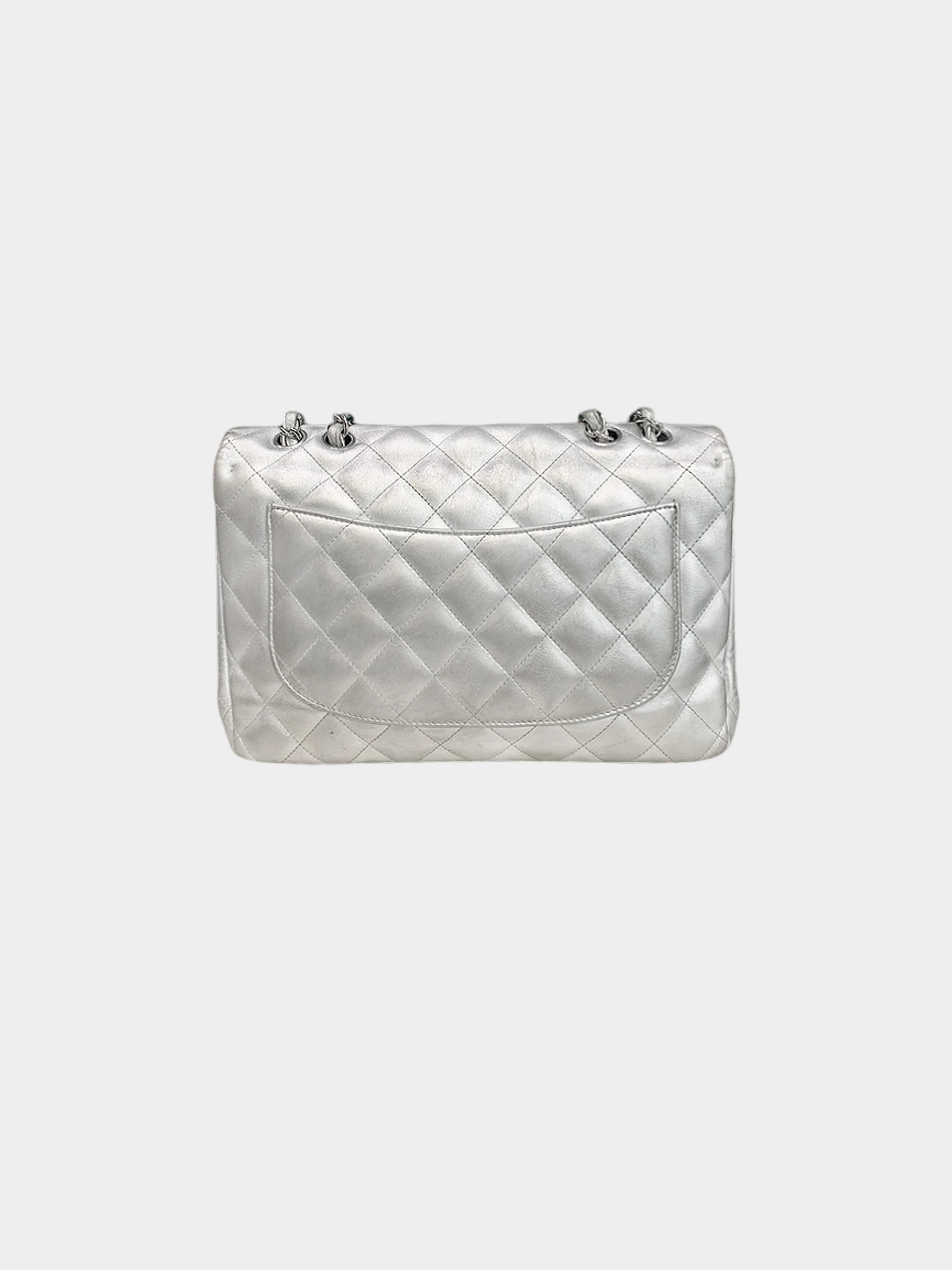 Chanel 2009-2010 Metallic Silver Lambskin Classic Jumbo Flap Bag - Image 2