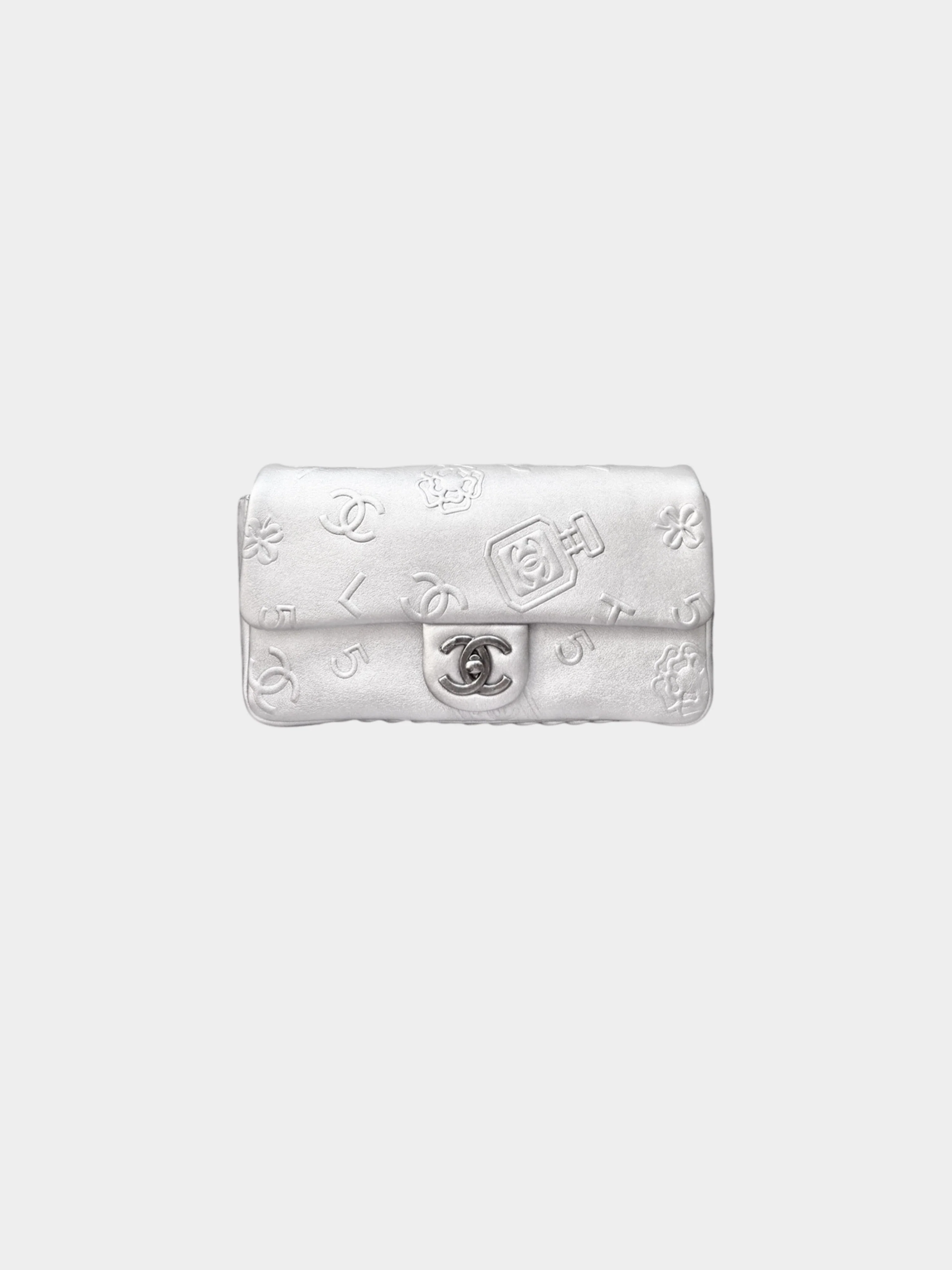 Chanel 2009-2010 Metallic Silver Lambskin Symbols Classic Medium Single Flap Bag