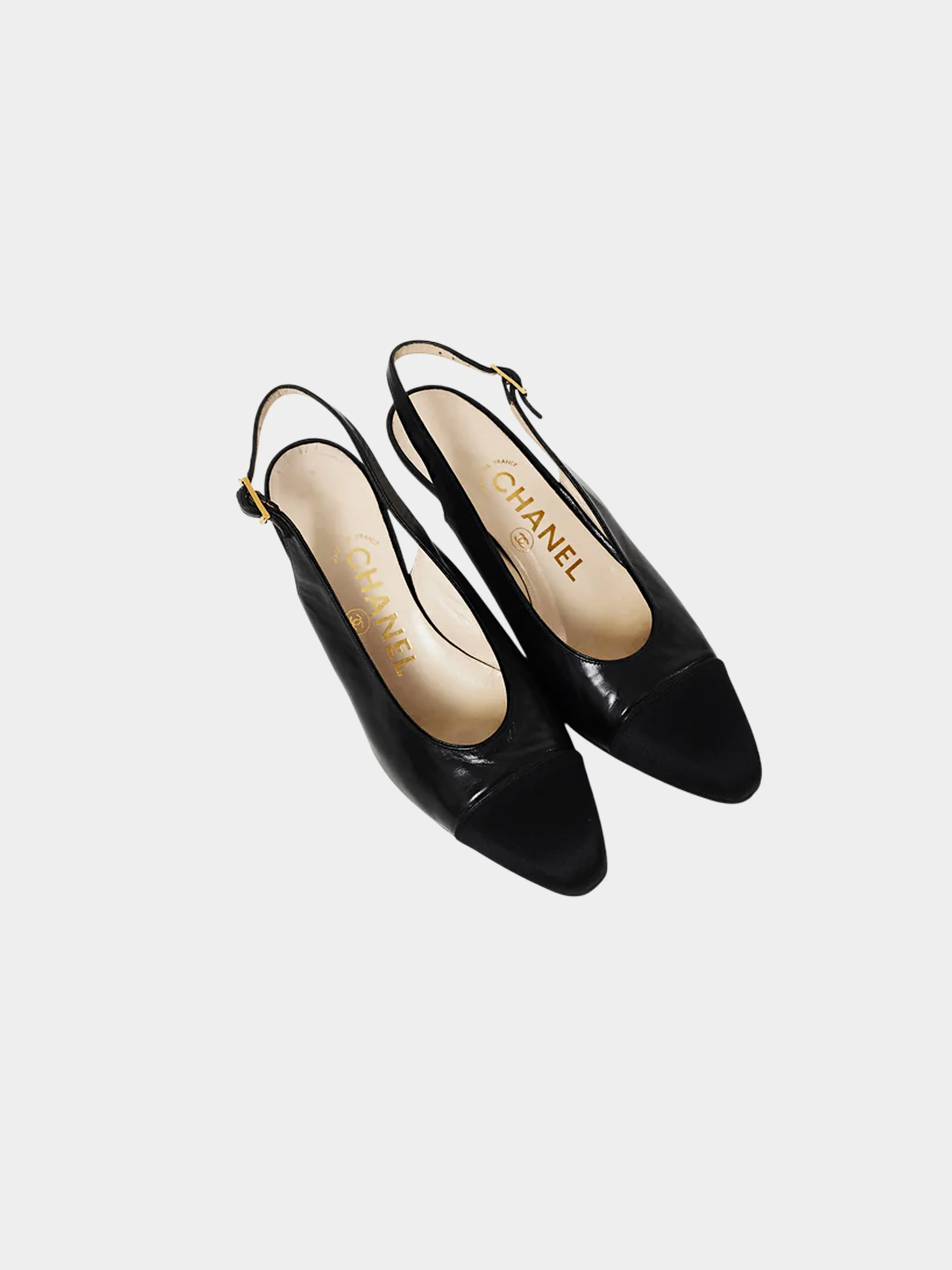 Chanel 2010s Black Leather Tonal Cap Toe Slingback Pumps - Image 2