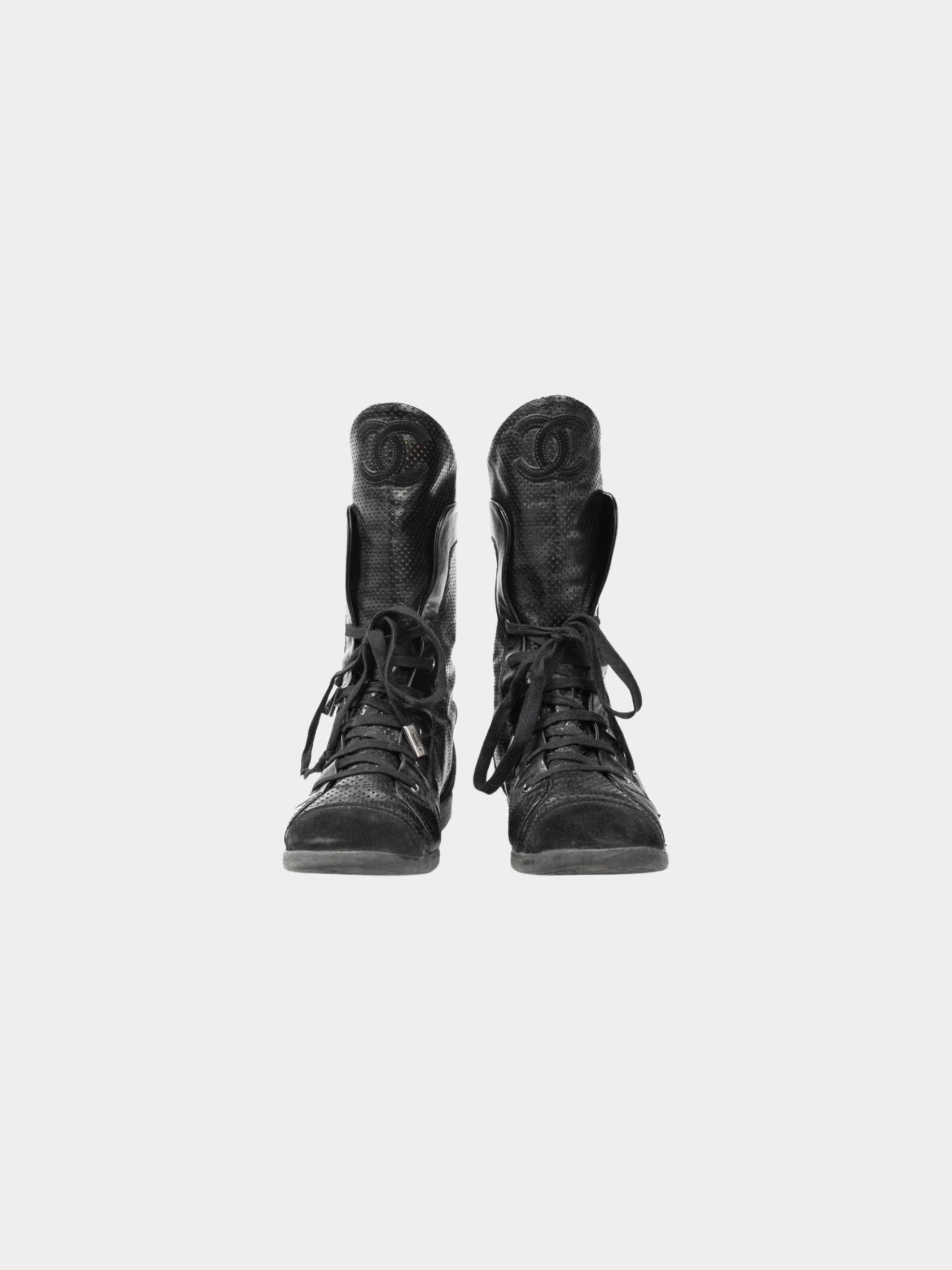 Chanel 2010s Black Perforated Leather Sneaker Boots - Image 2
