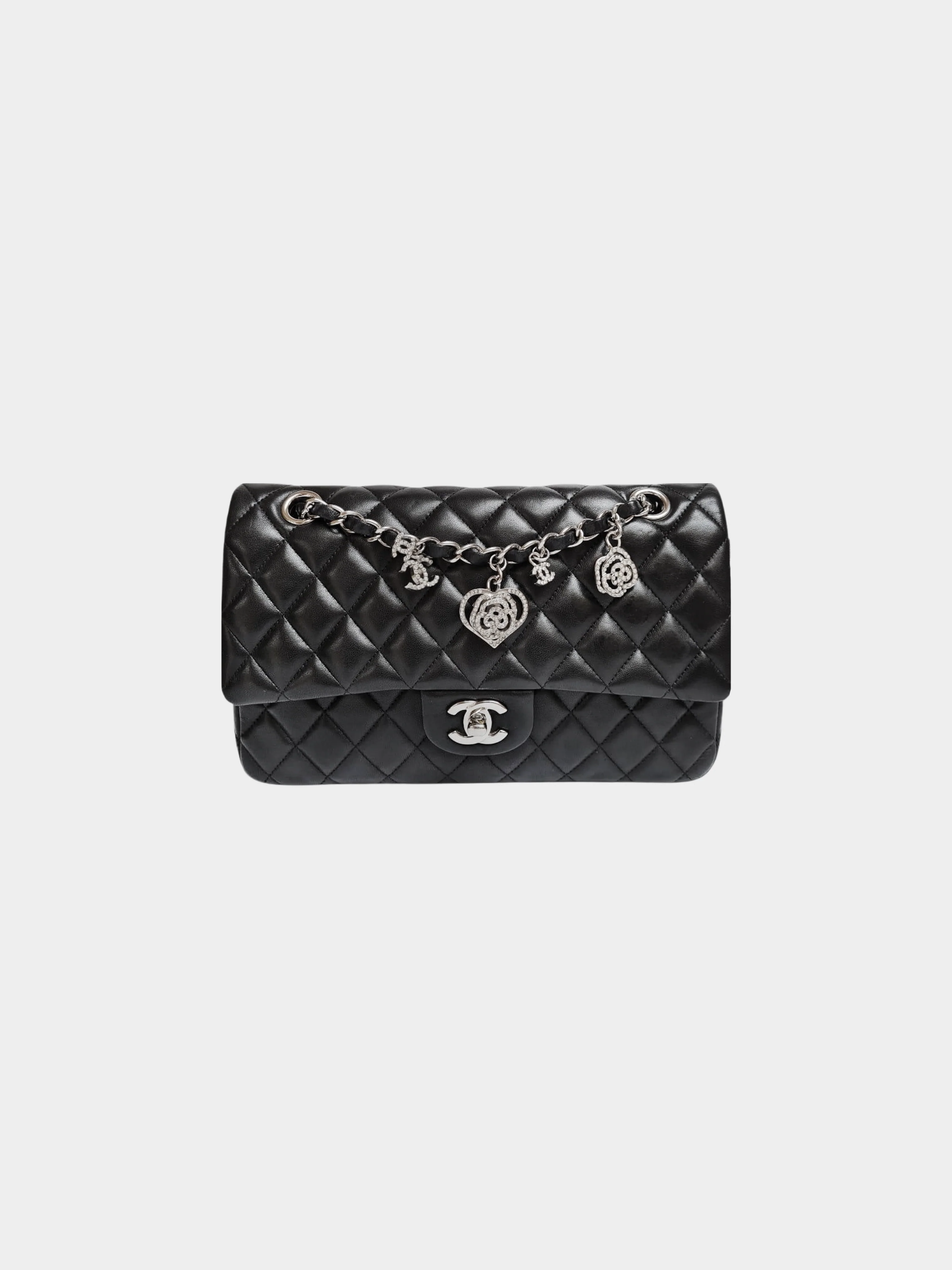 Chanel 2010s Black Quilted Lambskin Valentine Crystal Charms Medium Single Flap Bag