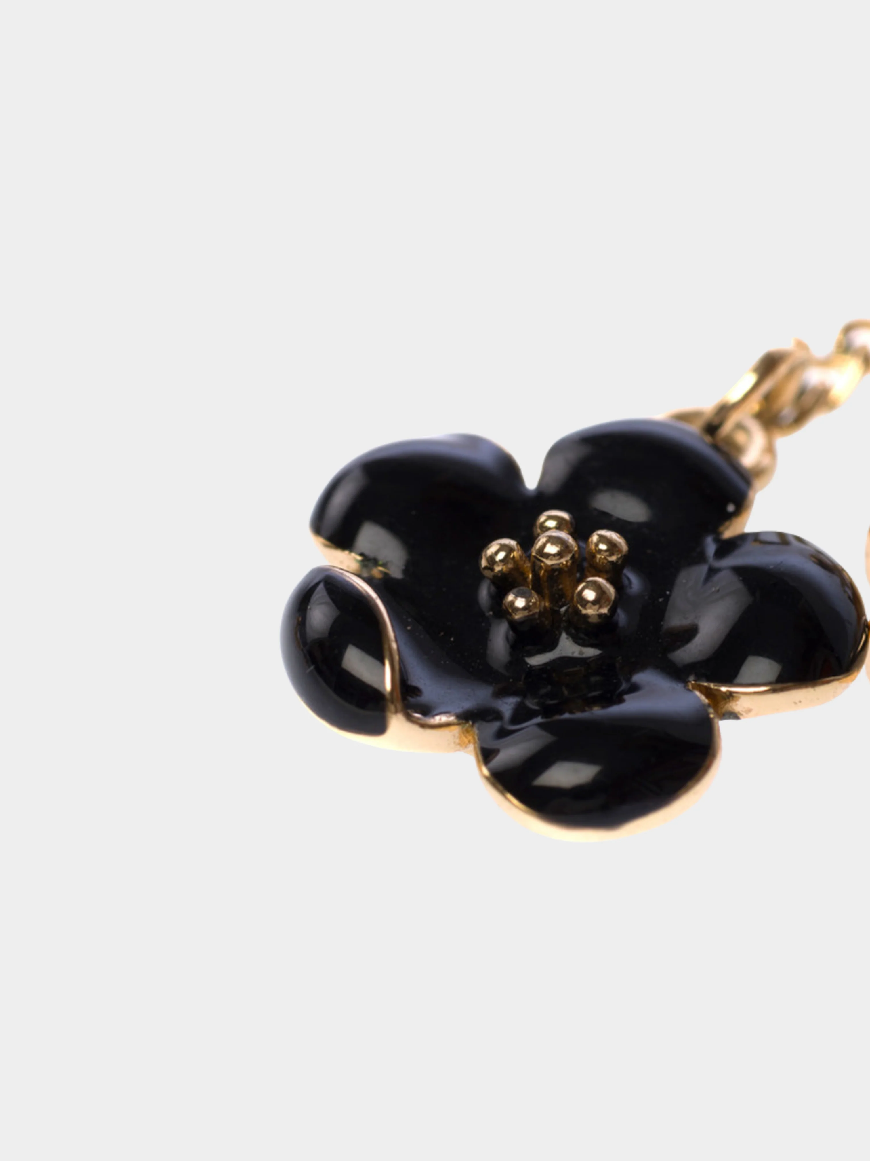 Chanel 2010s Gold Metal Logo with Black Camellia Charm Earrings - Image 2