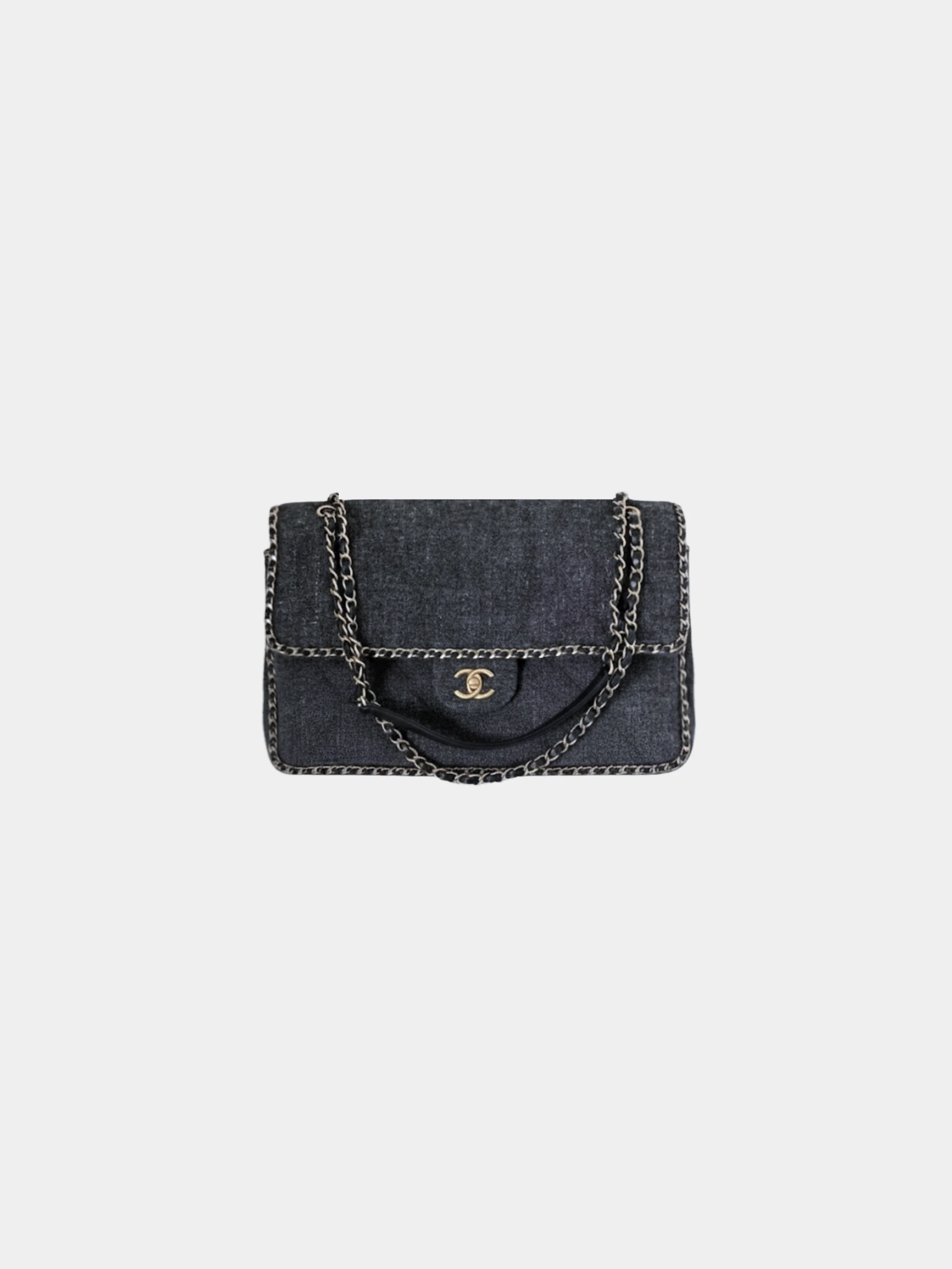 Chanel 2010s Grey Tweed Classic Flap Shoulder Bag with Leather-Woven Chain