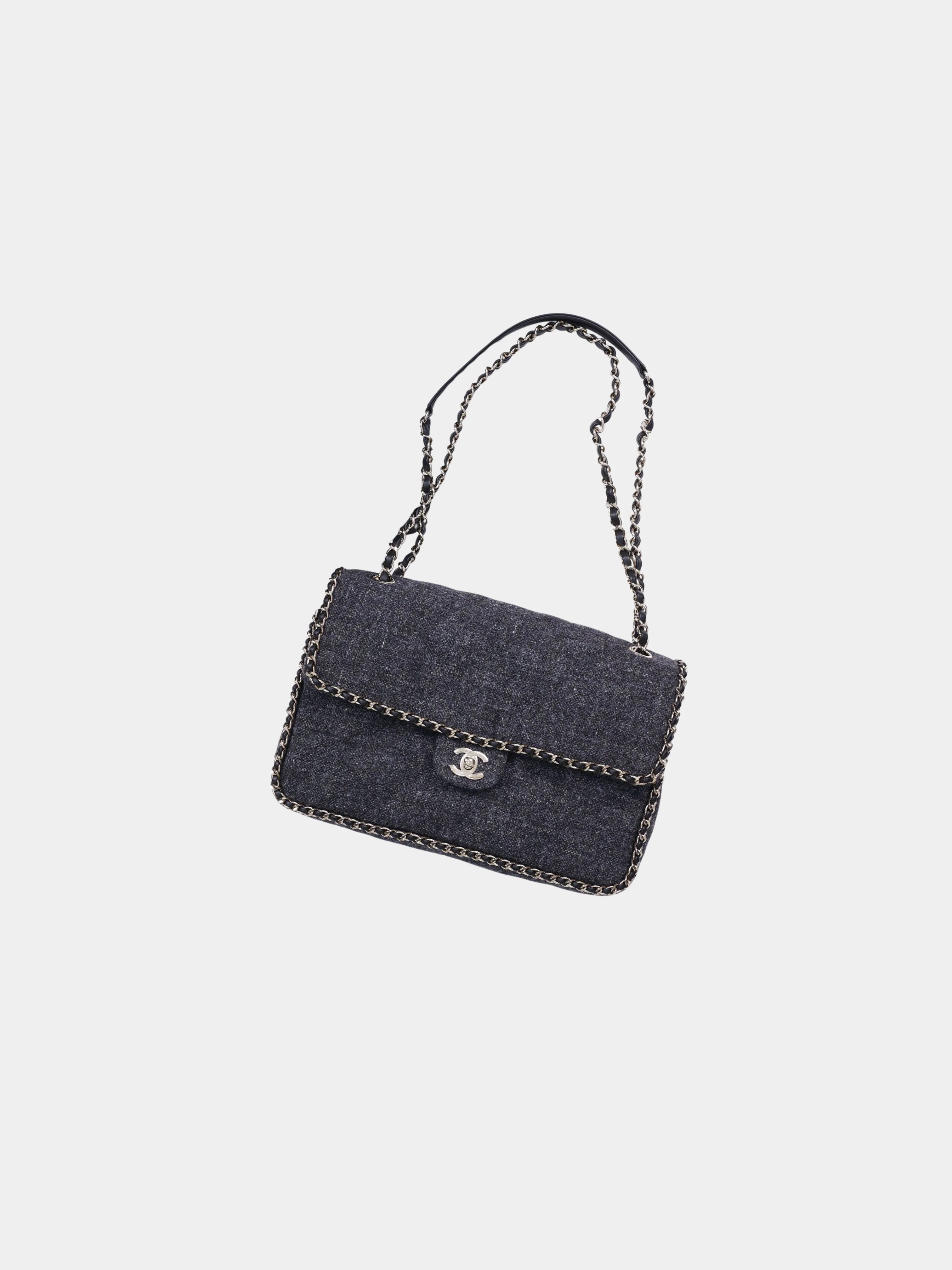 Chanel 2010s Grey Tweed Classic Flap Shoulder Bag with Leather-Woven Chain - Image 2