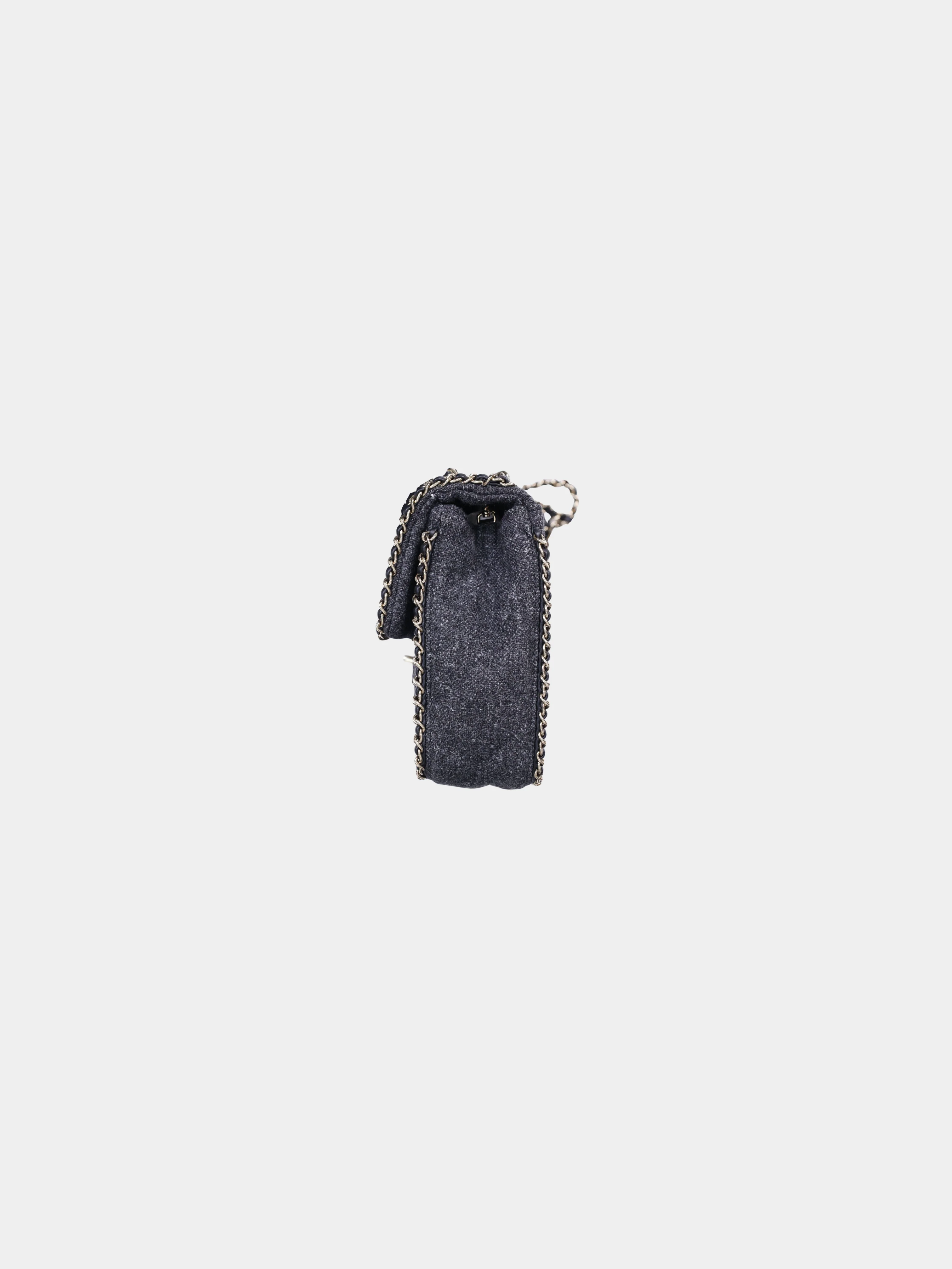 Chanel 2010s Grey Tweed Classic Flap Shoulder Bag with Leather-Woven Chain - Image 3