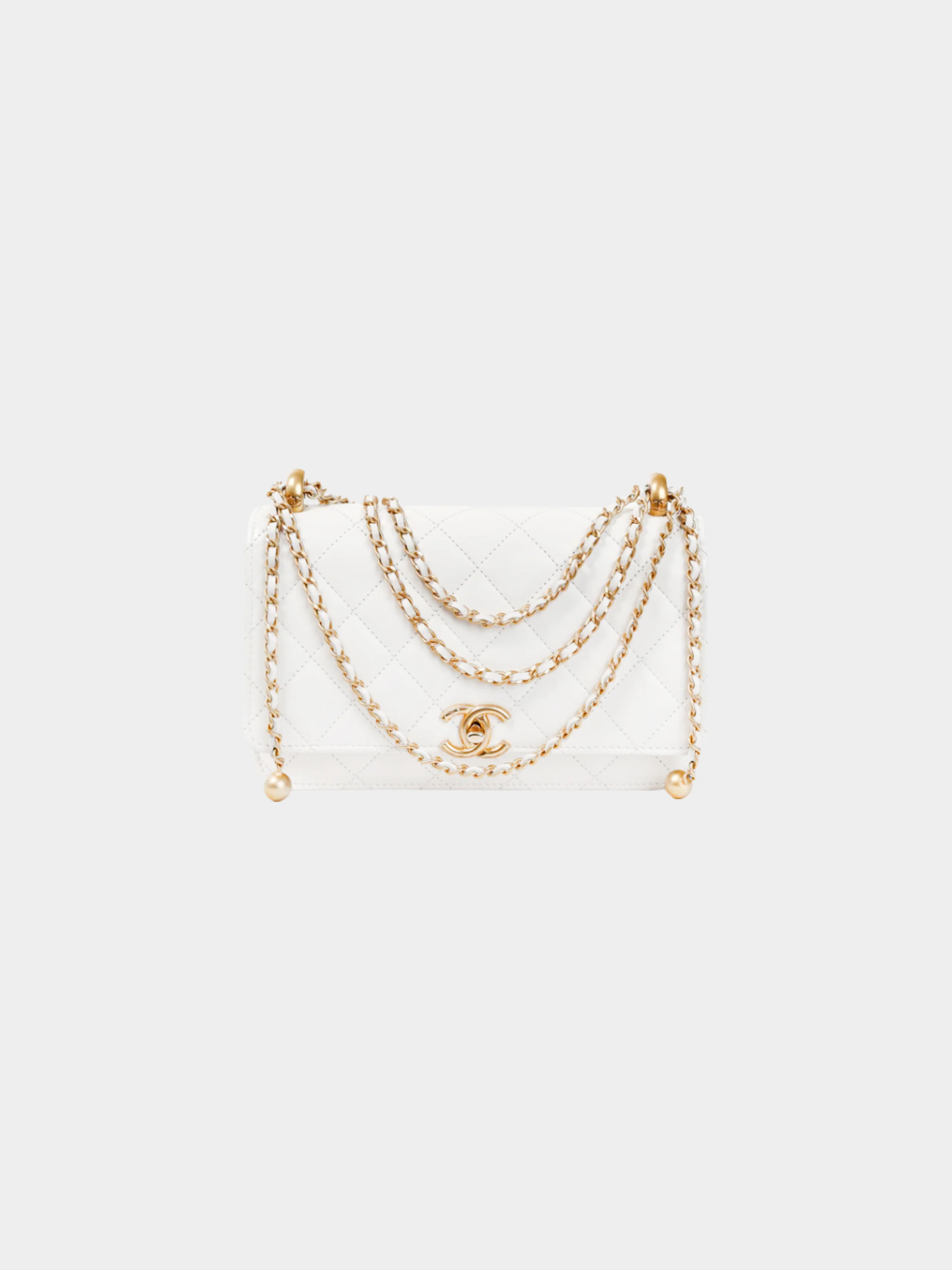 Chanel 2010s Pearl Crush White Quilted Lambskin Leather Wallet on Chain