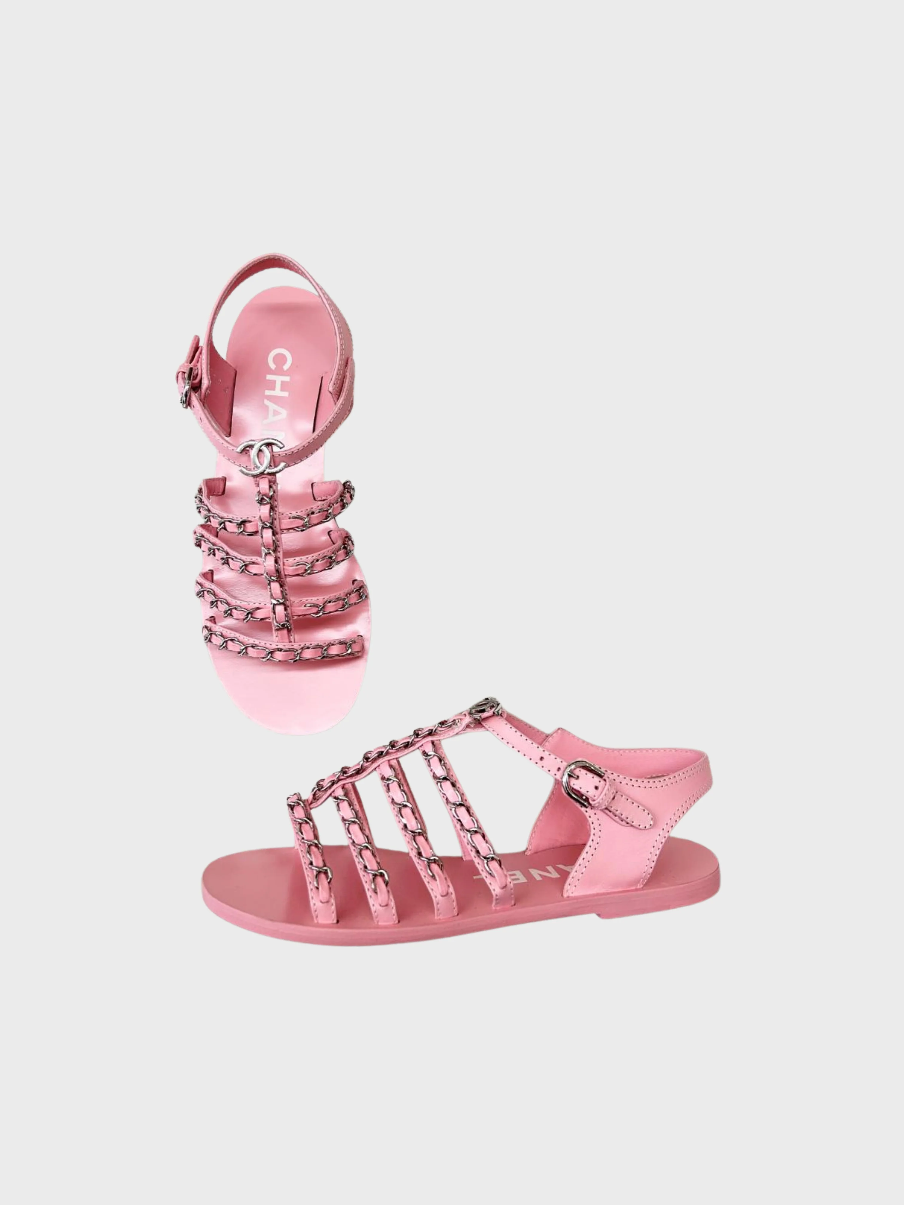Chanel SS 2021 Pink Leather Multi Strap Chain Sandals - Image 2