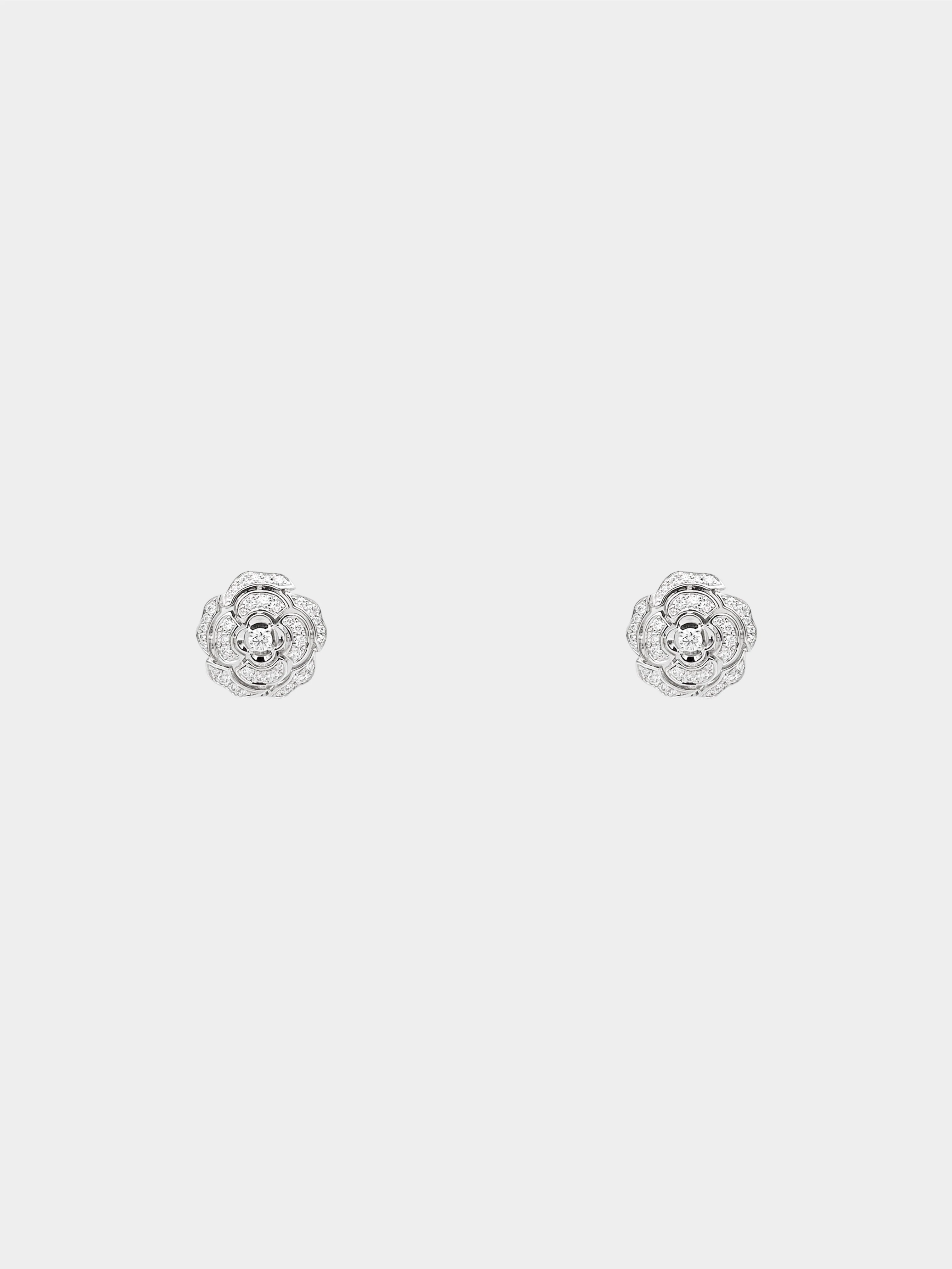 Chanel 2010s 18k White Gold Diamond Camellia Button Earrings